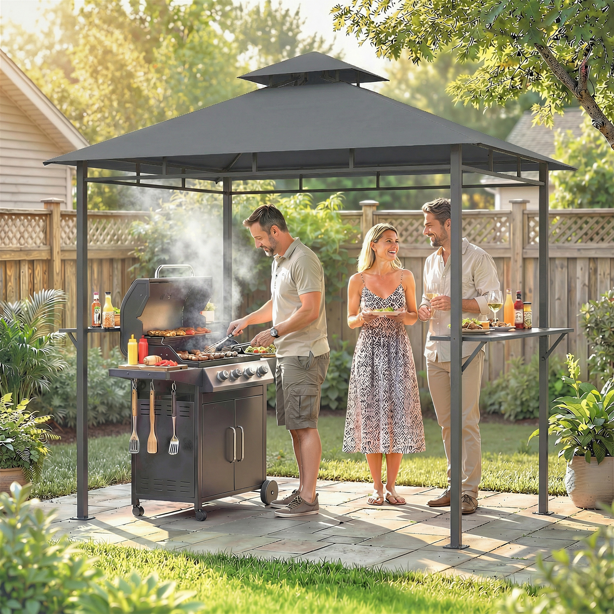 Grillpavillon 2,4 x 1,4 m, Windfest Grillüberdachung mit Doppeldach Lüftungsöffnung Seitenregalen