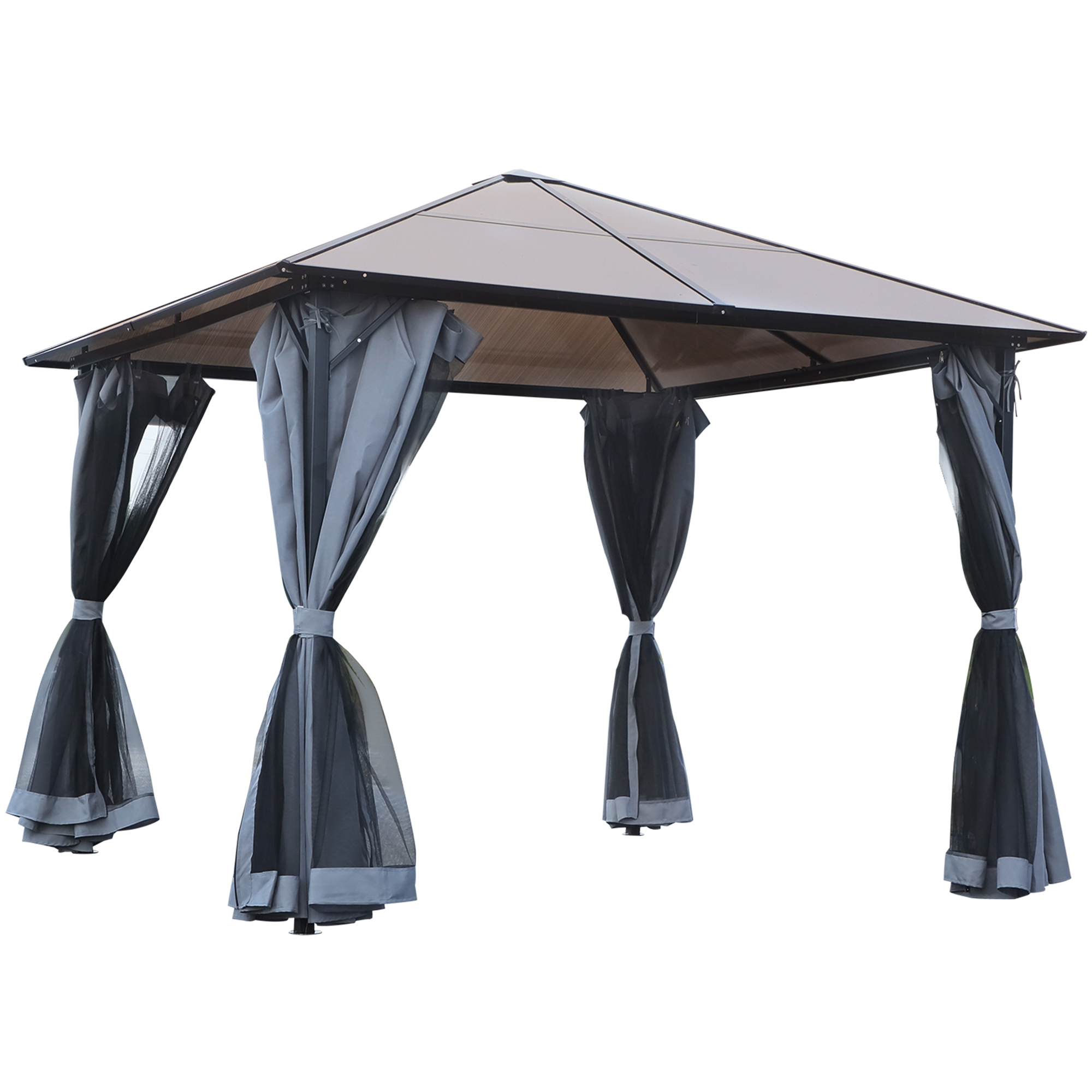 Pavillon mit Polycarbonatdach, Vorhänge mit Fliegennetz, Alugestell, dunkelgrau, 3 x 3 m