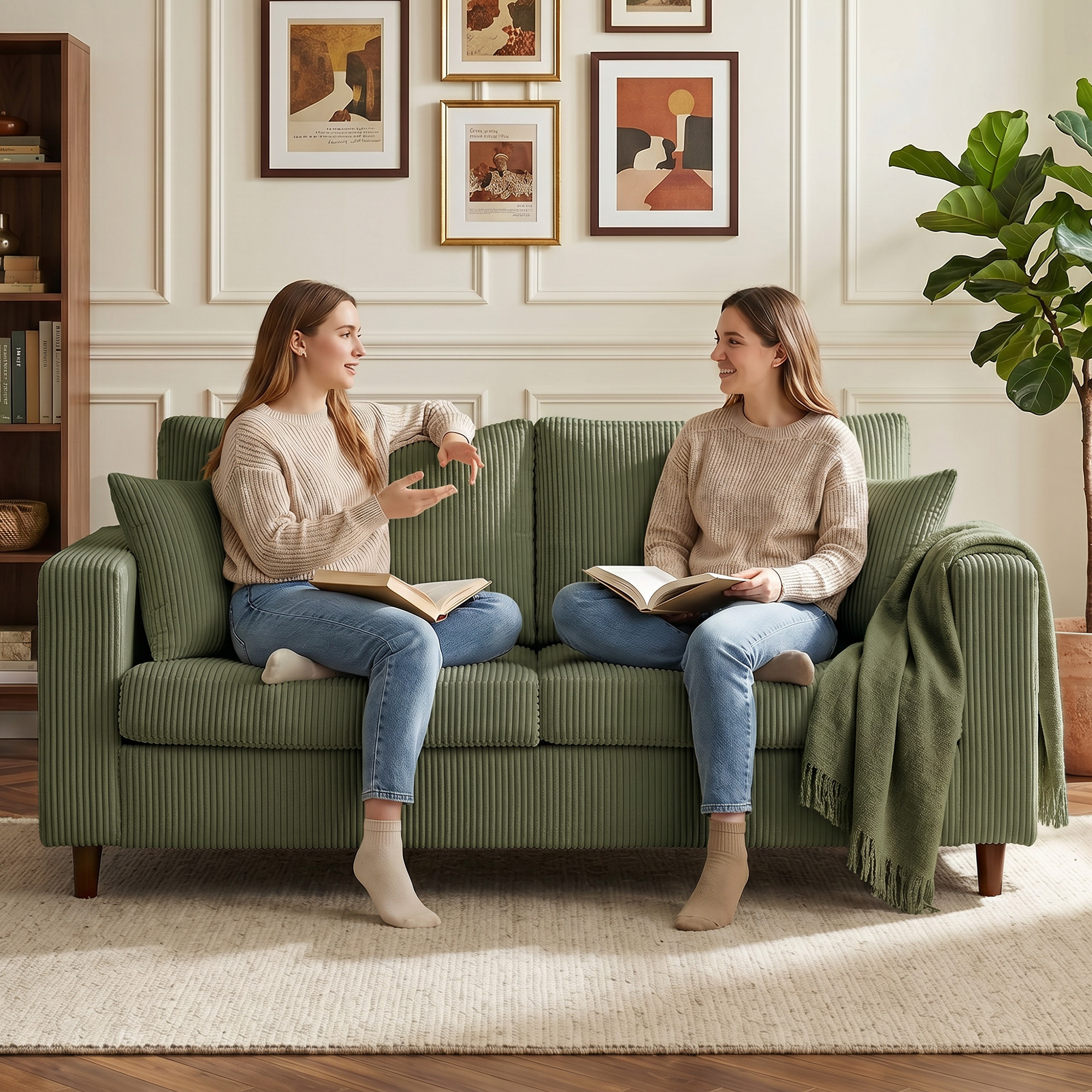2-Sitzer-Cordsofa mit breiter tiefer Sitzfläche und Federkernpolster, grün