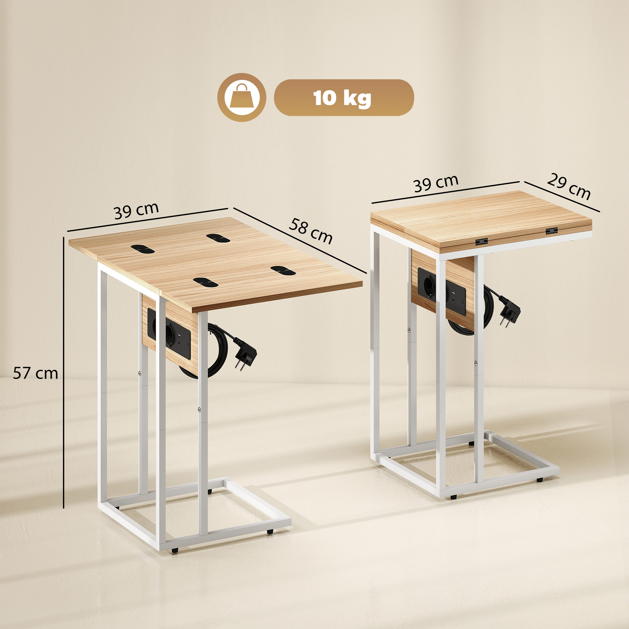 klappbarer Beistelltisch, Ladestation mit USB-Ports, Metall, 39 x 29 x 57 cm, Holzfarben