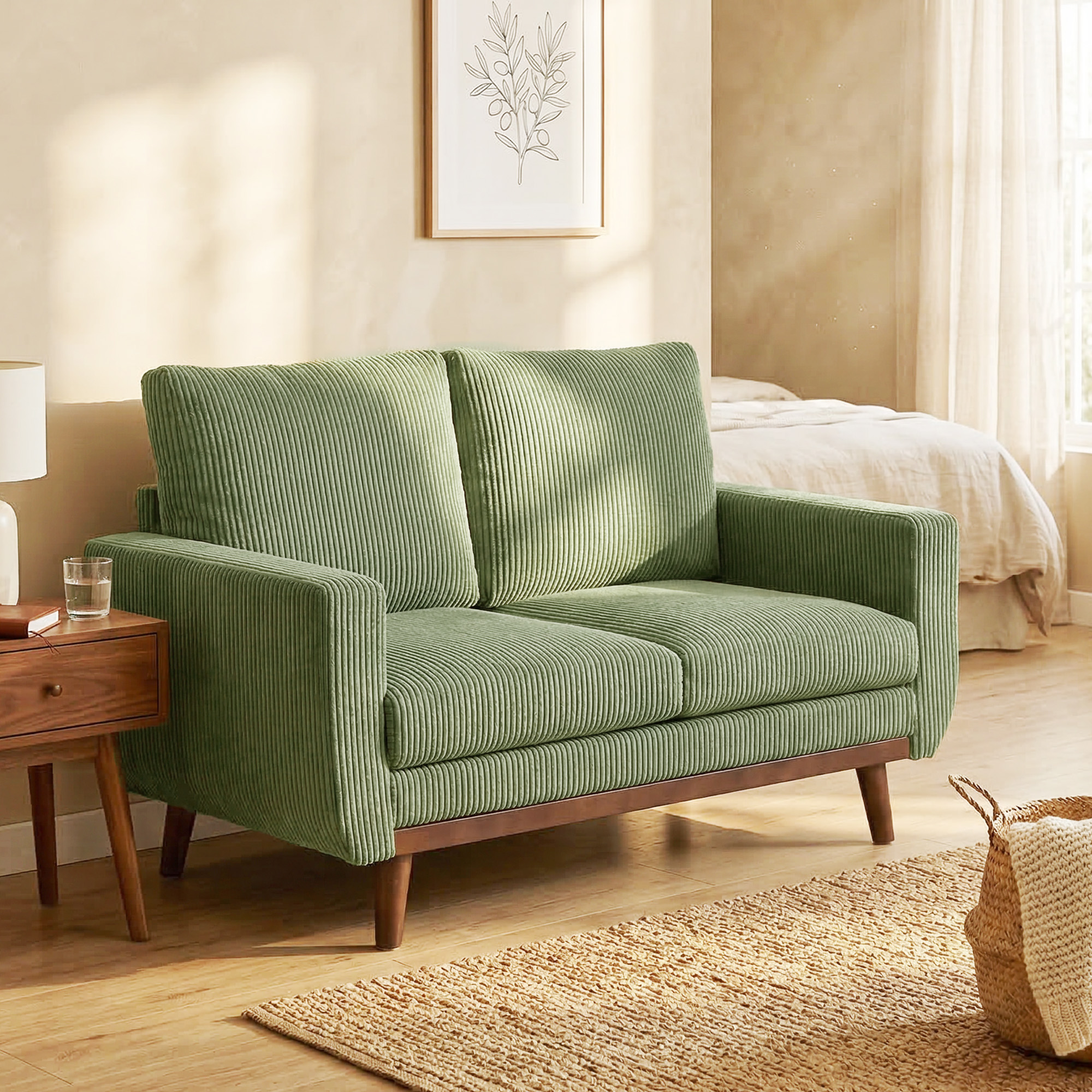 2-Sitzer-Sofa, 134 cm Cord-Sofa mit Taschenfedern, dicker Rückenlehne, Holzlatten-Akzent, Grün