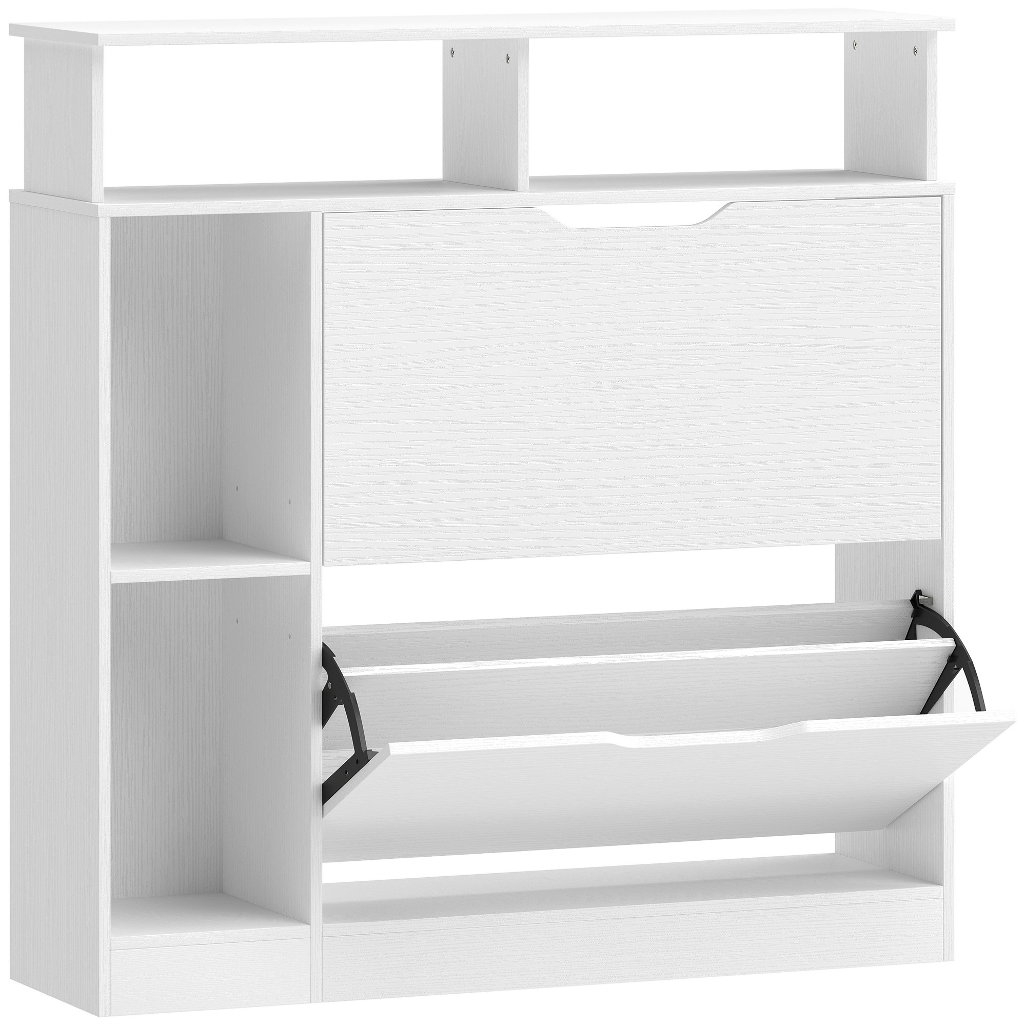 Schuhschrank mit 2 Klappen Schuhkipper mit Verstellbar Trennwand, offenem Fach für 12 Paar Schuhe 89 x 25 x 92 cm Weiß