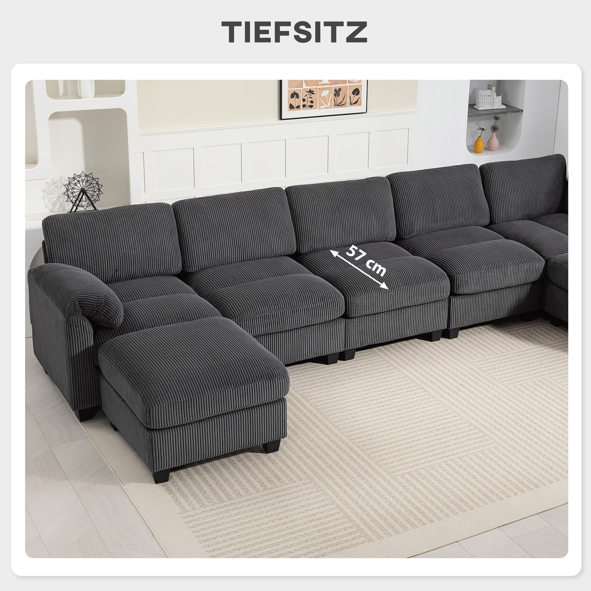 Ecksofa U-Form Sofa Couch mit Federpolsterung gepolsterte Armlehnen beweglicher Ottomane Cord 292x224x85 cm Dunkelgrau