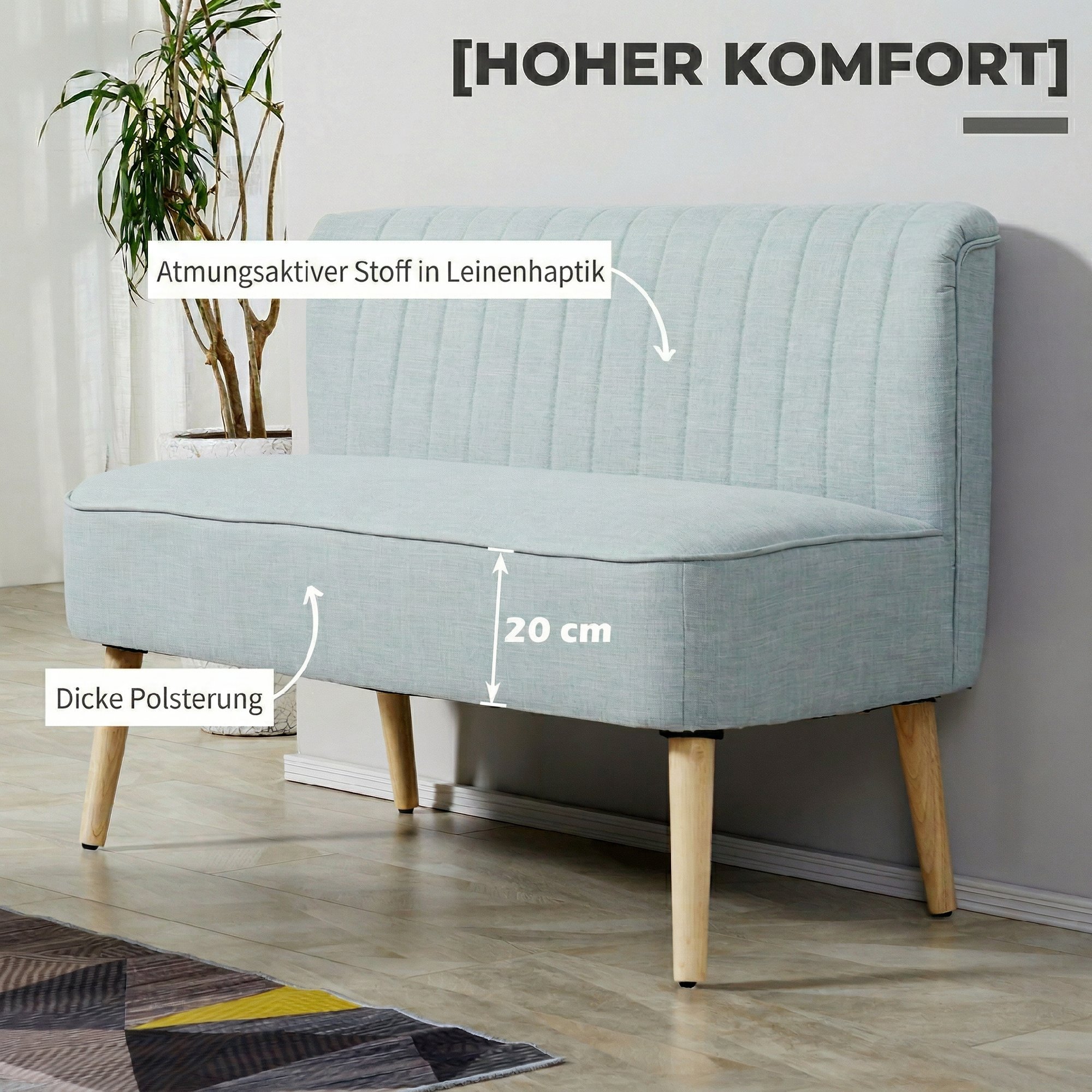 2-Sitzer Sofa, weiche Polsterung, pflegeleichter Bezug, bis 220 kg, 117 x 56,5 x 77 cm, Hellgrün