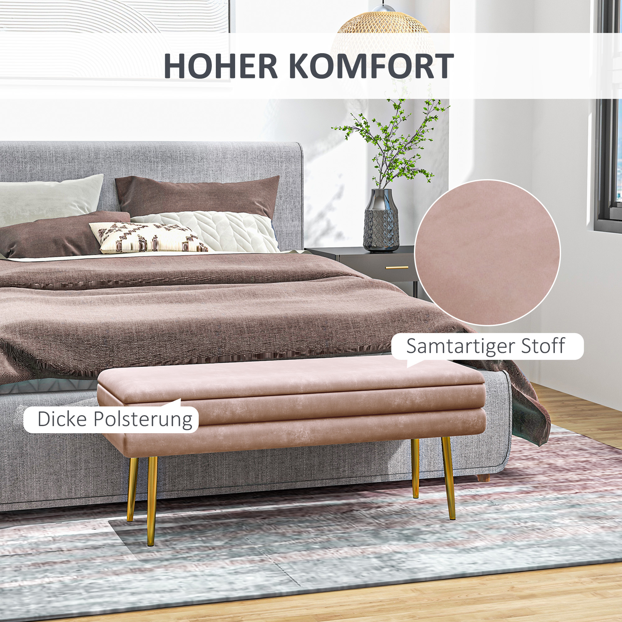 Sitzbank Polsterbank, mit Stauraum, Stahl, 100 x 37,5 x 42 cm, Rosa