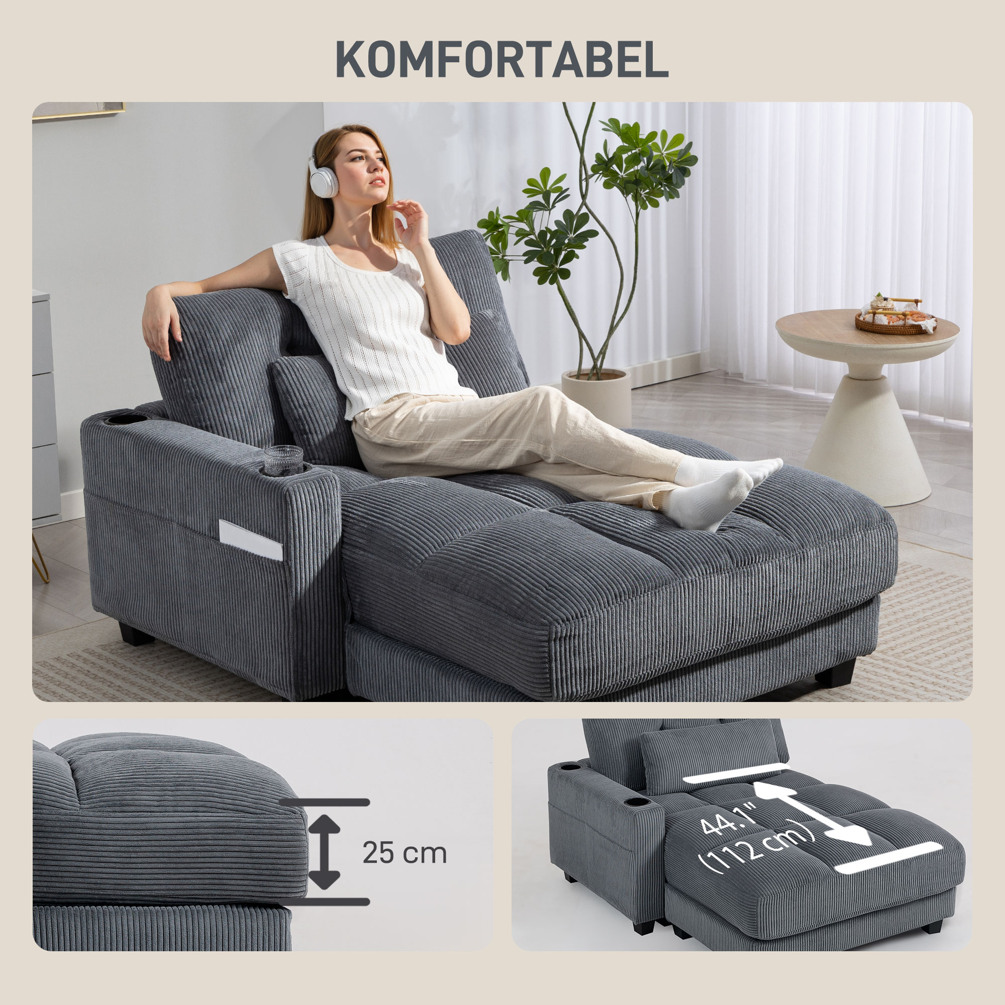 Sofa-Bett mit Kissen, Schaumstoff, zum Bett umwandelbar, Becherhalter, Grau