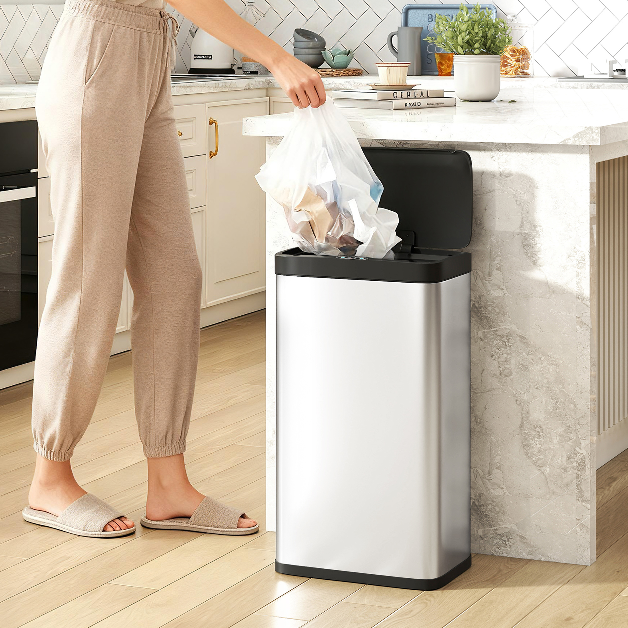 Sensor-Mülleimer, 45L Küchenmülleimer mit Soft-Close-Deckel, Bewegungssensor für Küche, Schlafzimmer, Büro, Silber