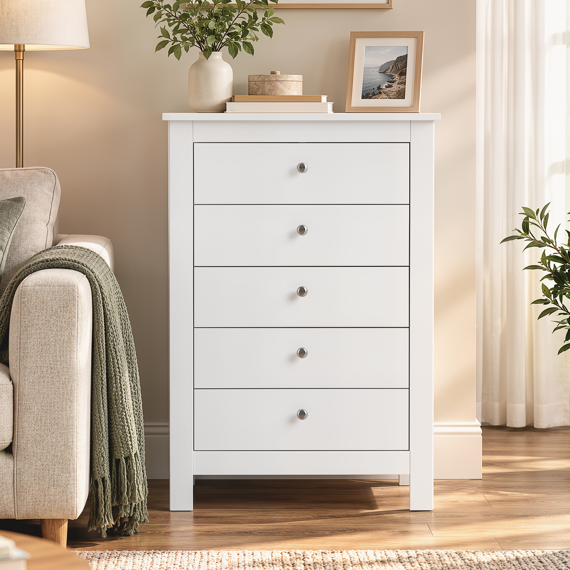 Kommode mit 5 Schubladen, Schrank mit leichtgängigen Schienen für Schlafzimmer, 60 x 39,5 x 95,3 cm, Weiß