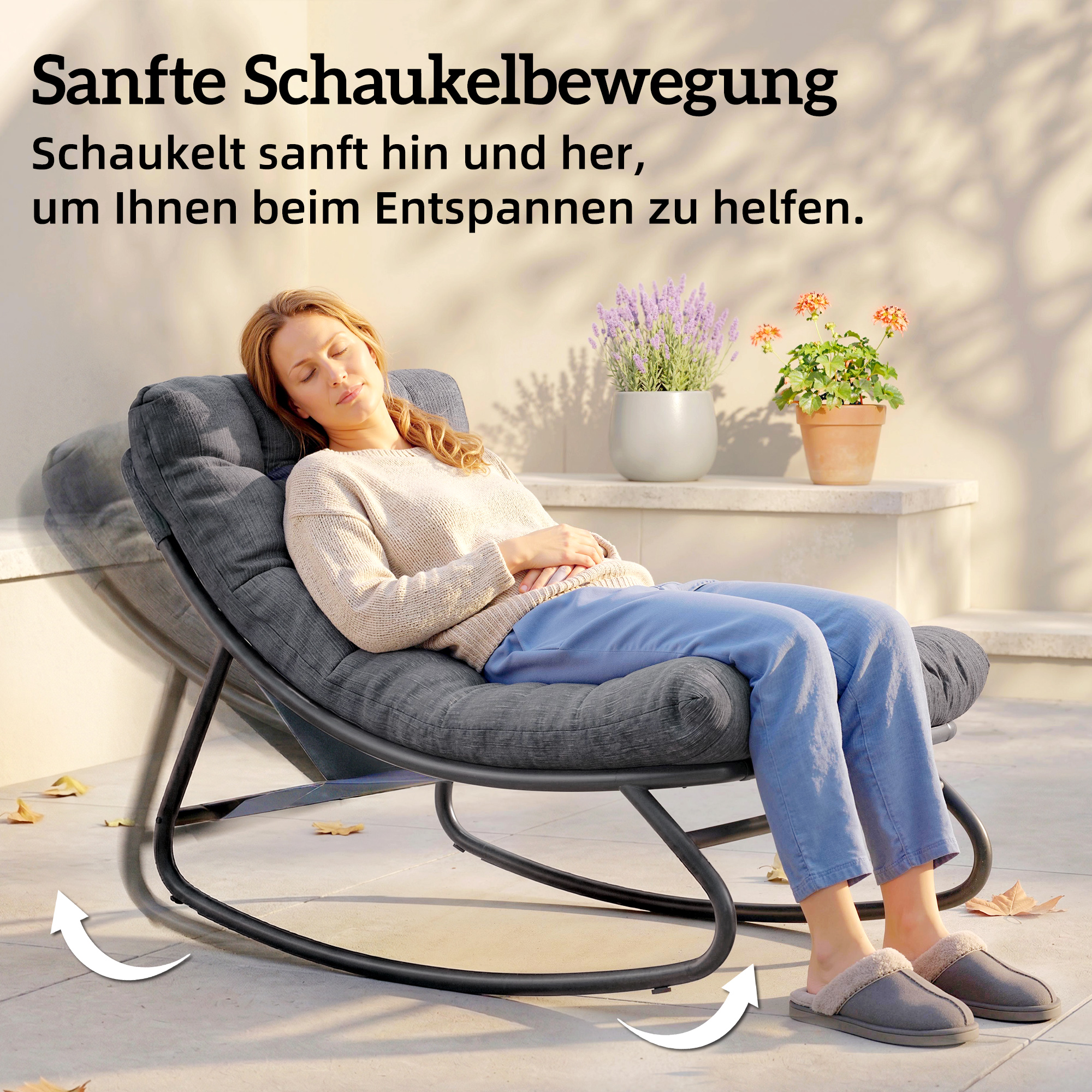 Schaukelstuhl Schaukelsessel mit breitem Netzsitz dickem Kissen 101 x 66 x 63 cm Grau