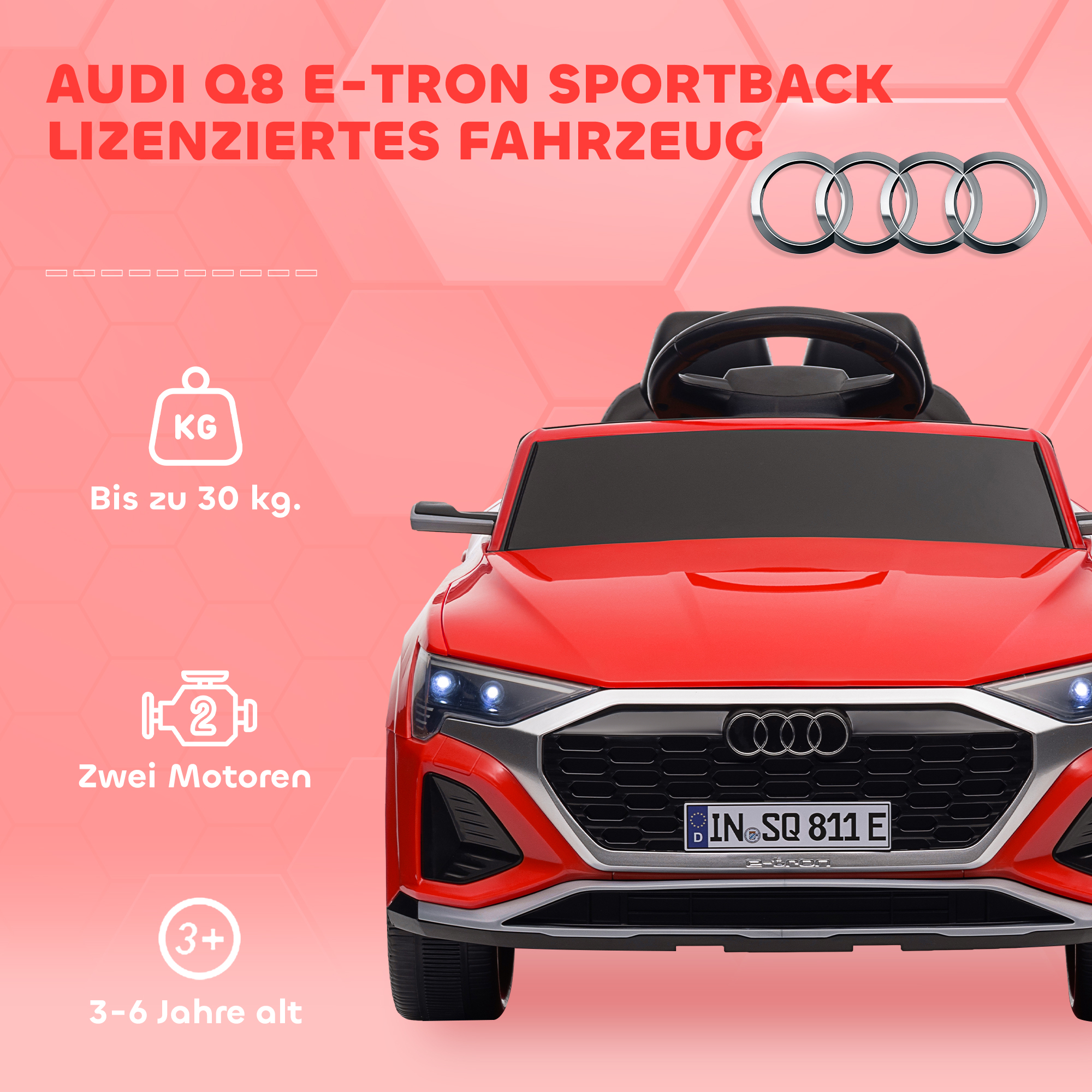 Elektro-Kinderauto, 12V Audi Q8, 3-5 km/h, Fernsteuerung, Scheinwerfer, Musik, Rot
