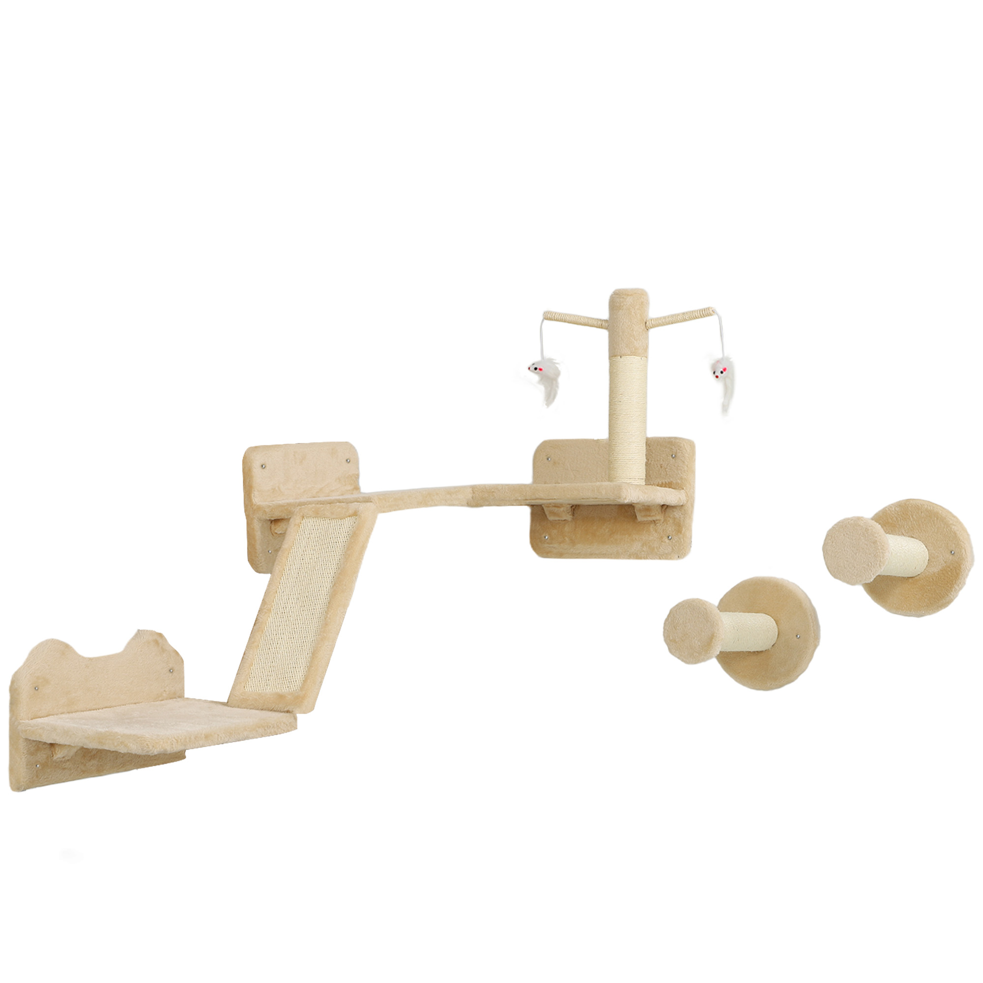 Katzen Kletterwand Set mit Kratzpfosten, Sprungplattformen und Spielbällen, zum Klettern und Ausruhen, Beige Katzen Kletterwand Set mit Kratzpfosten, Sprungplattformen und Spielbällen, zum Klettern und Ausruhen, Beige