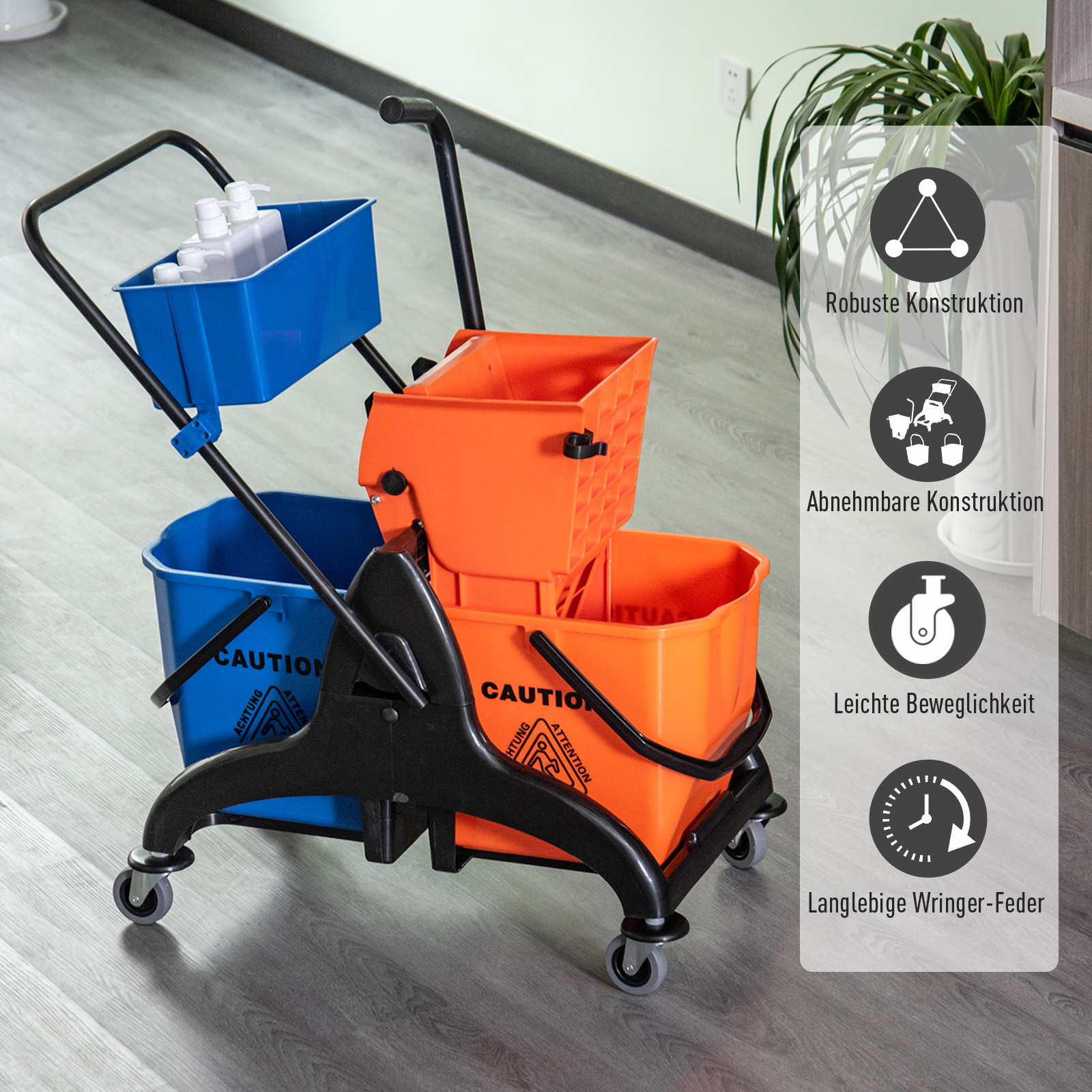 Reinigungseimer, Wischmoppeimer, rollbar, 26 Liter, Kunststoff, Metall, Orange
