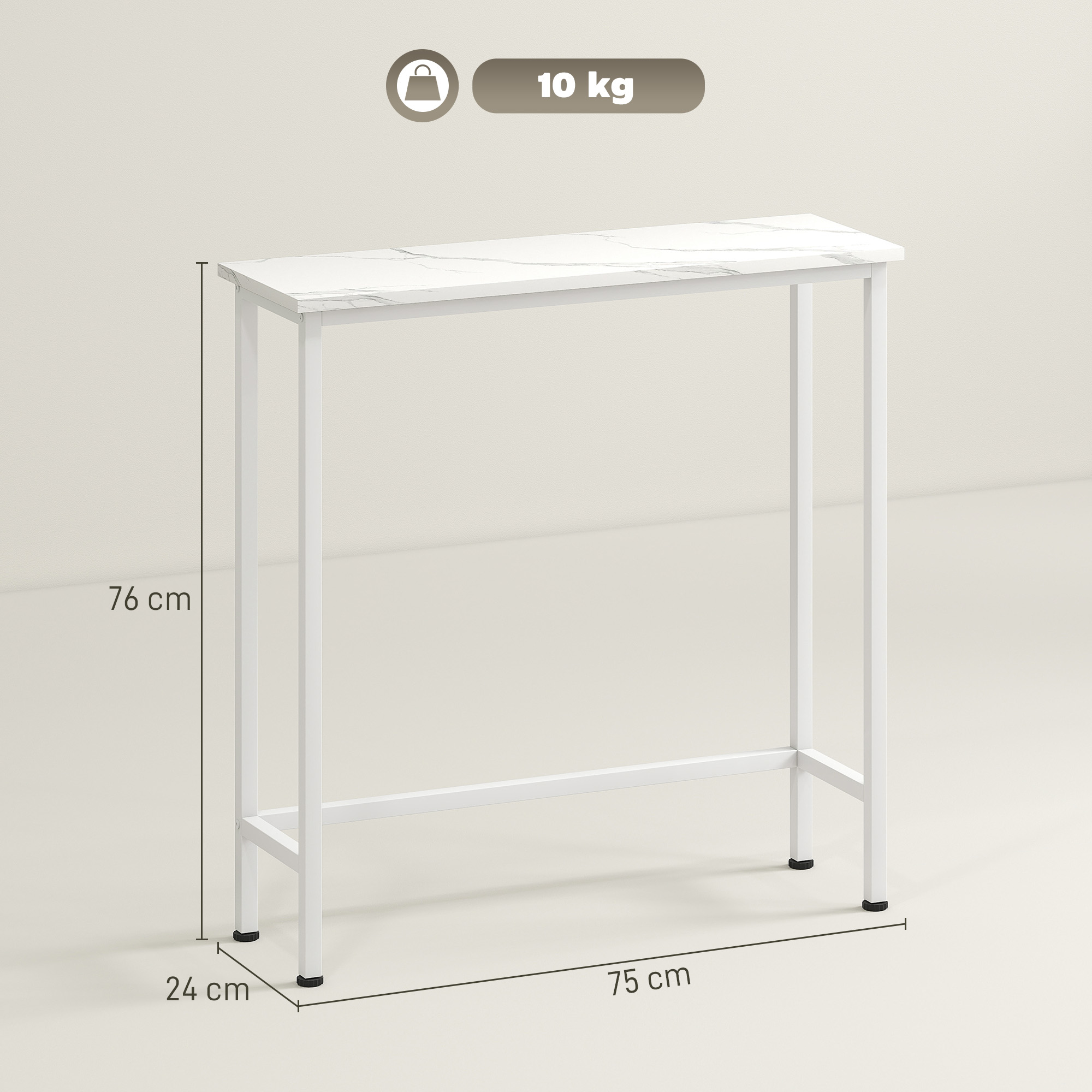 Konsolentisch Flurtisch mit verstellbar Fußpads, Kippschutz 75 x 24 x 76 cm für Kleinen Raum Weiß
