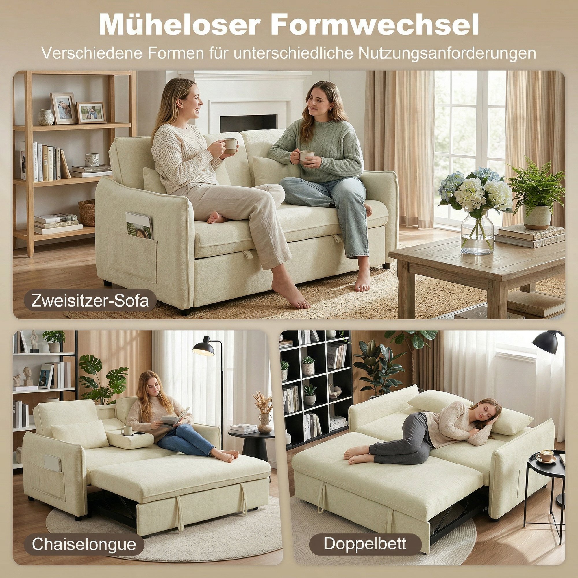3-in-1 Verstellbares Schlafsofa, Zweisitzer mit Getränkehaltern, verstellbarer Rückenlehne und Seitentaschen, Beige