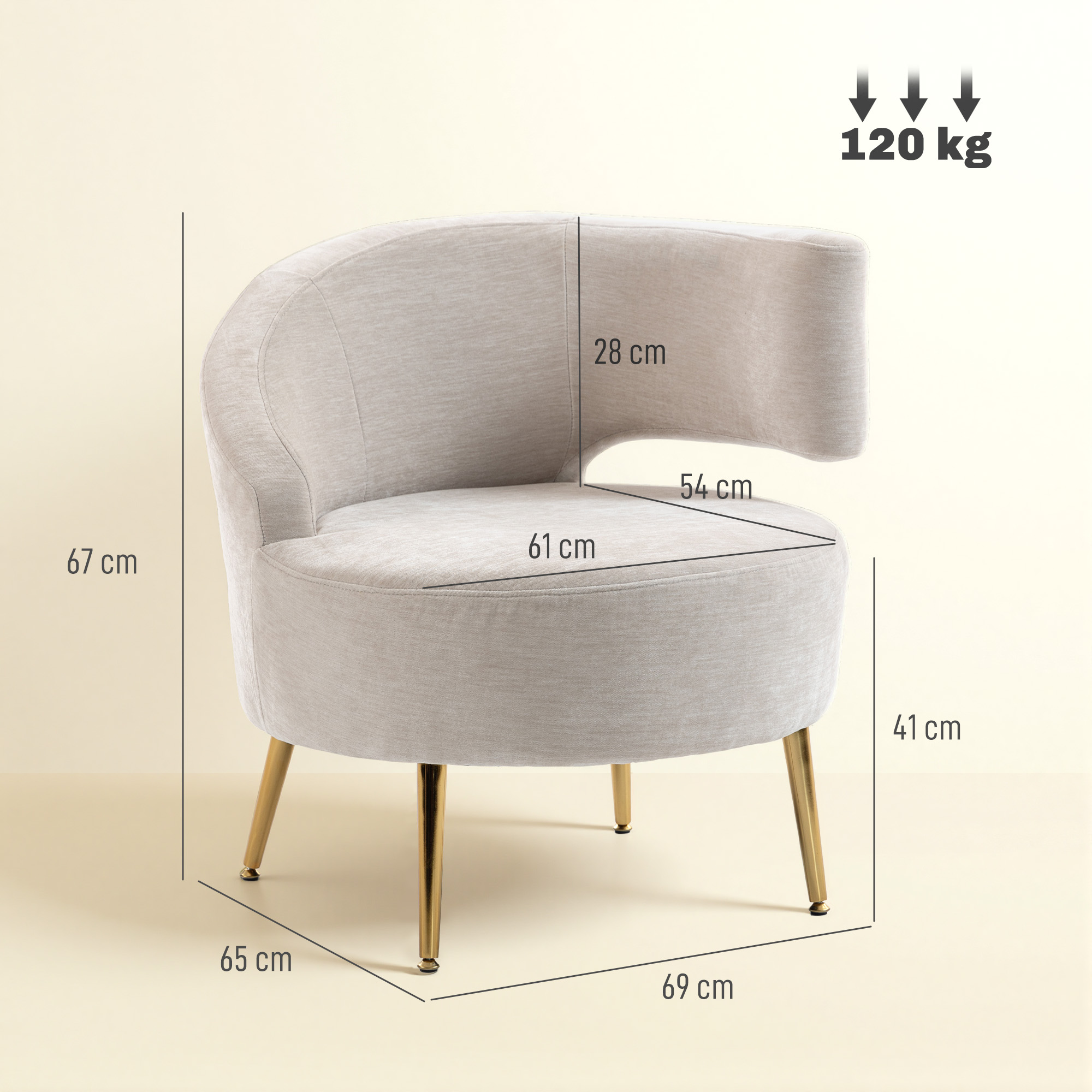 Loungesessel Sessel mit Chenille-Optik, Schrägere Rückenlehne, Goldenen Stahlbeinen für Wohnzimmer, Cremeweiß