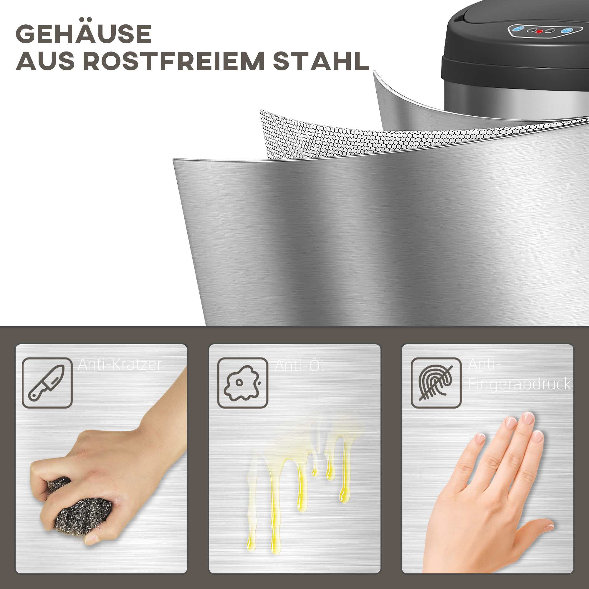 30 Liter Sensor-Mülleimer mit Soft-Close-Funktion, berührungsfreier Abfalleimer aus Edelstahl für hygienische Küchen