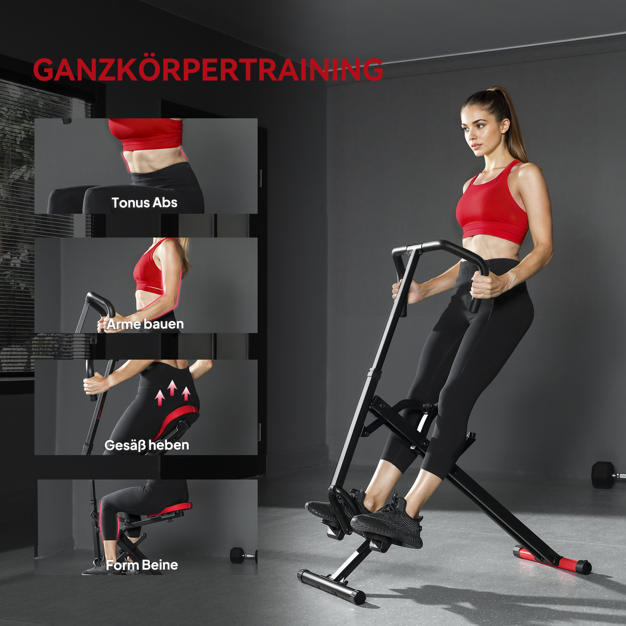 Trainingsmaschine, verstellbar, Metallrohre, Pedale, klappbar, Rot
