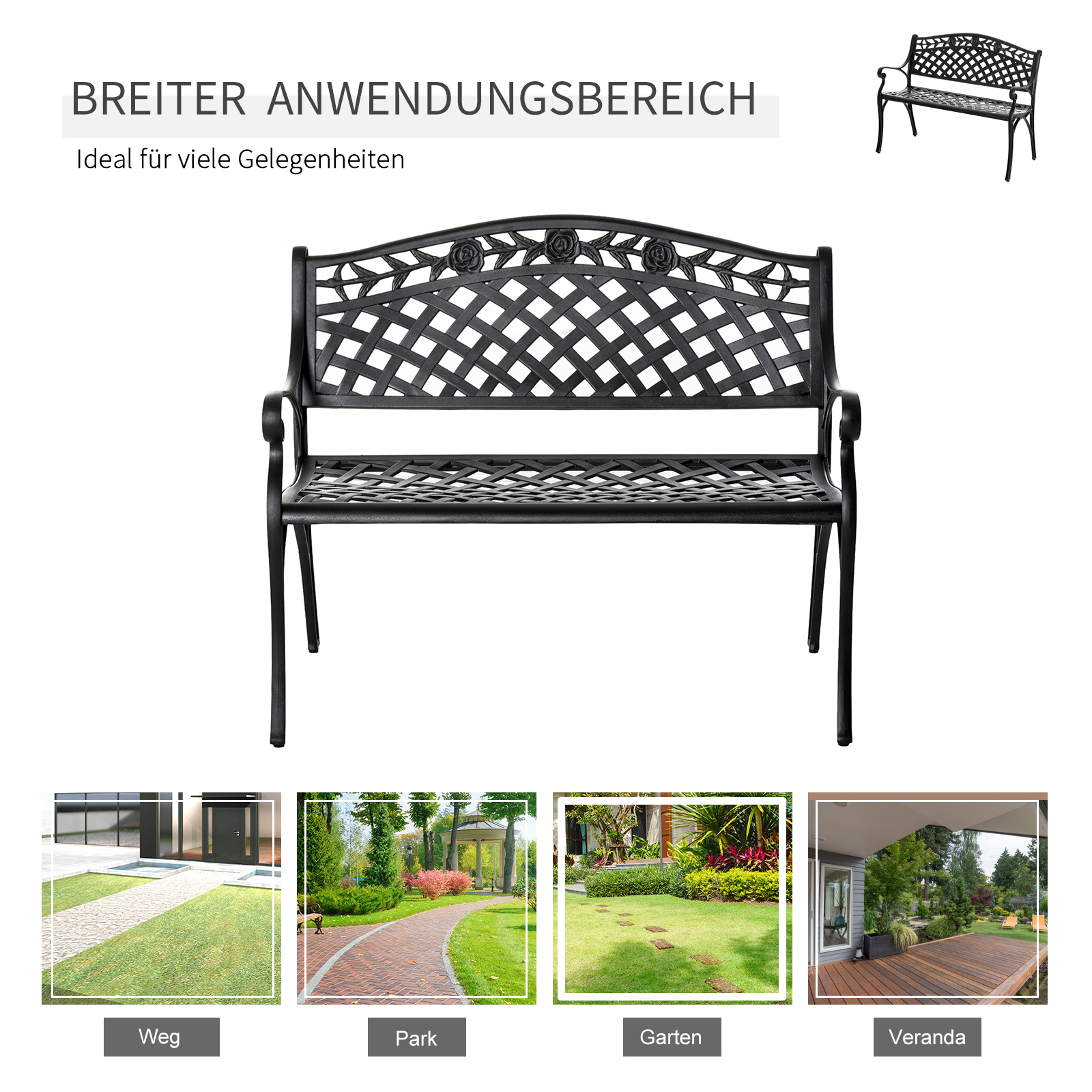 2-Sitzer Sitzbank Alu Gartenbank Metallbank Bank mit Armlehnen Landhausstil Schwarz 102,5 x 61 x 84 cm