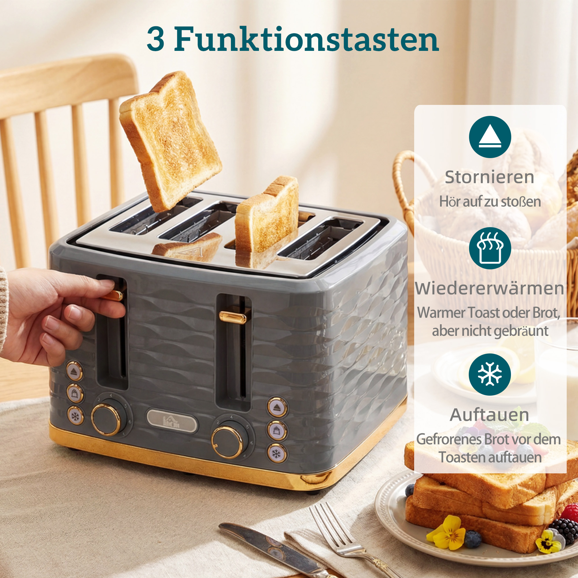 Toaster für 4 Scheiben mit 7 Bräunungsstufen, High-Lift, Aufwärm-/Auftau-/Abbruchs-Funktion, Graue Wellenoptik