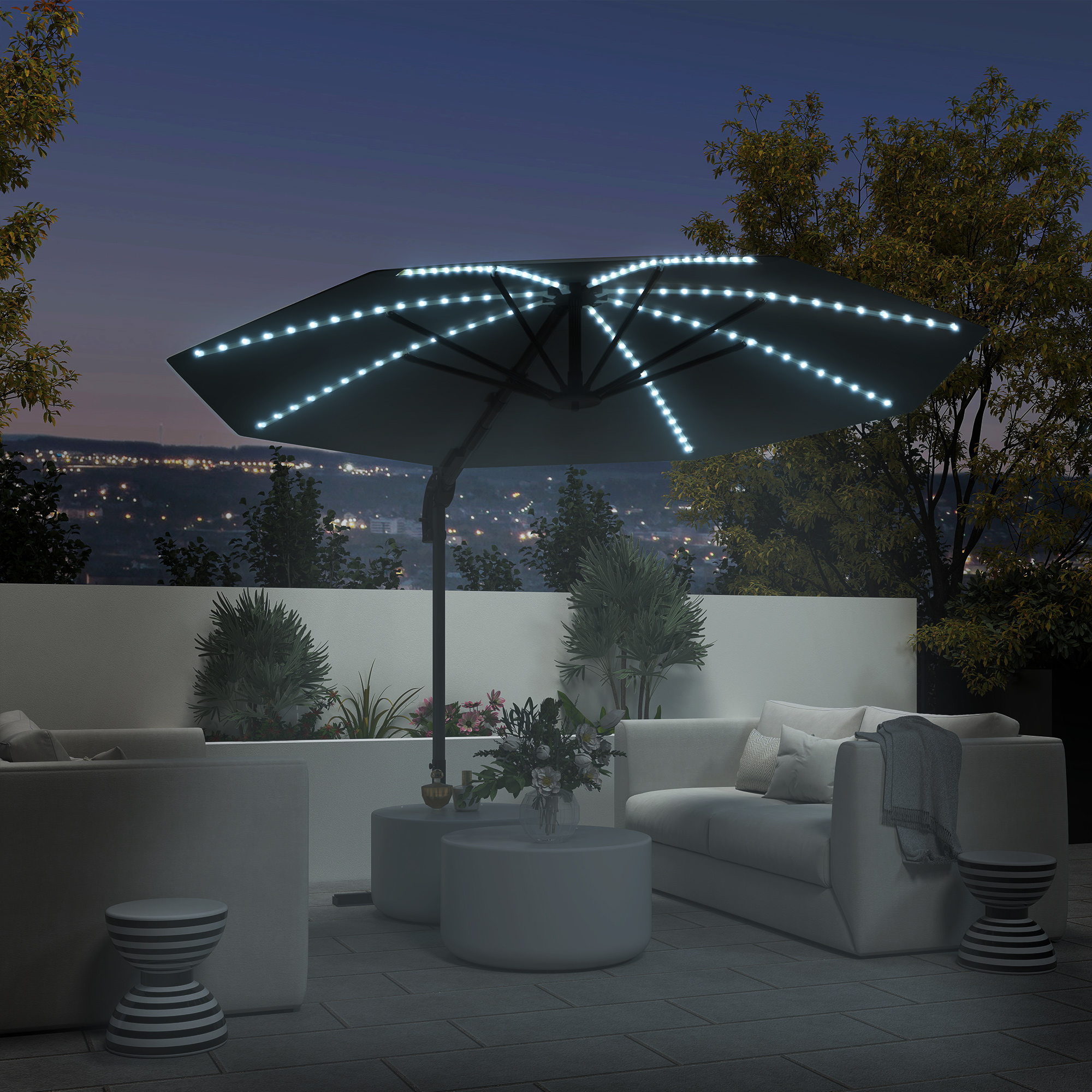 Alu Ampelschirm LED Solar Ø300 cm höhenverstellbar Sonnenschirm mit Kurbel Ständer UV50+ Dunkelgrau