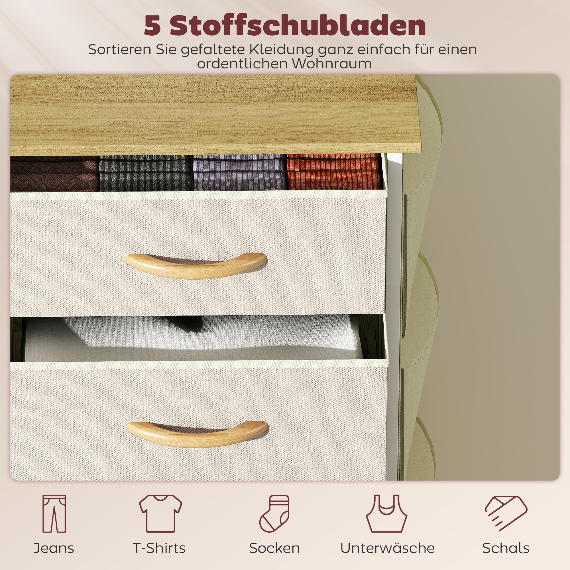 Schlafzimmer-Kommode mit 5 Stoffschubladen, Stahlstreben, Holzoberfläche, 4 Aufbewahrungstaschen, 2 Haken, Beige