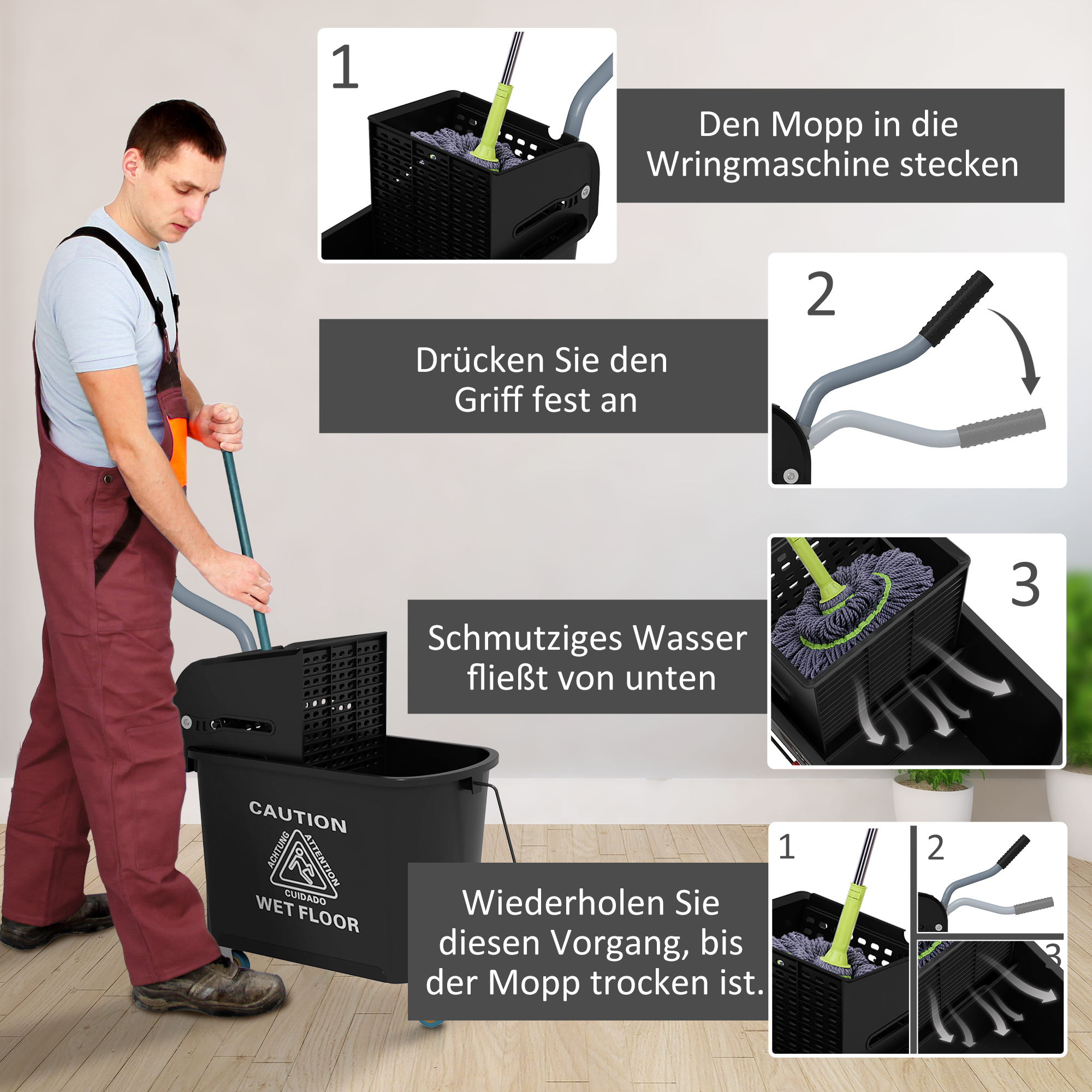 20l Mopp-Eimer mit Auswringer und Griff, Wischmopp-Eimer auf Rädern, Kunststoff, Schwarz