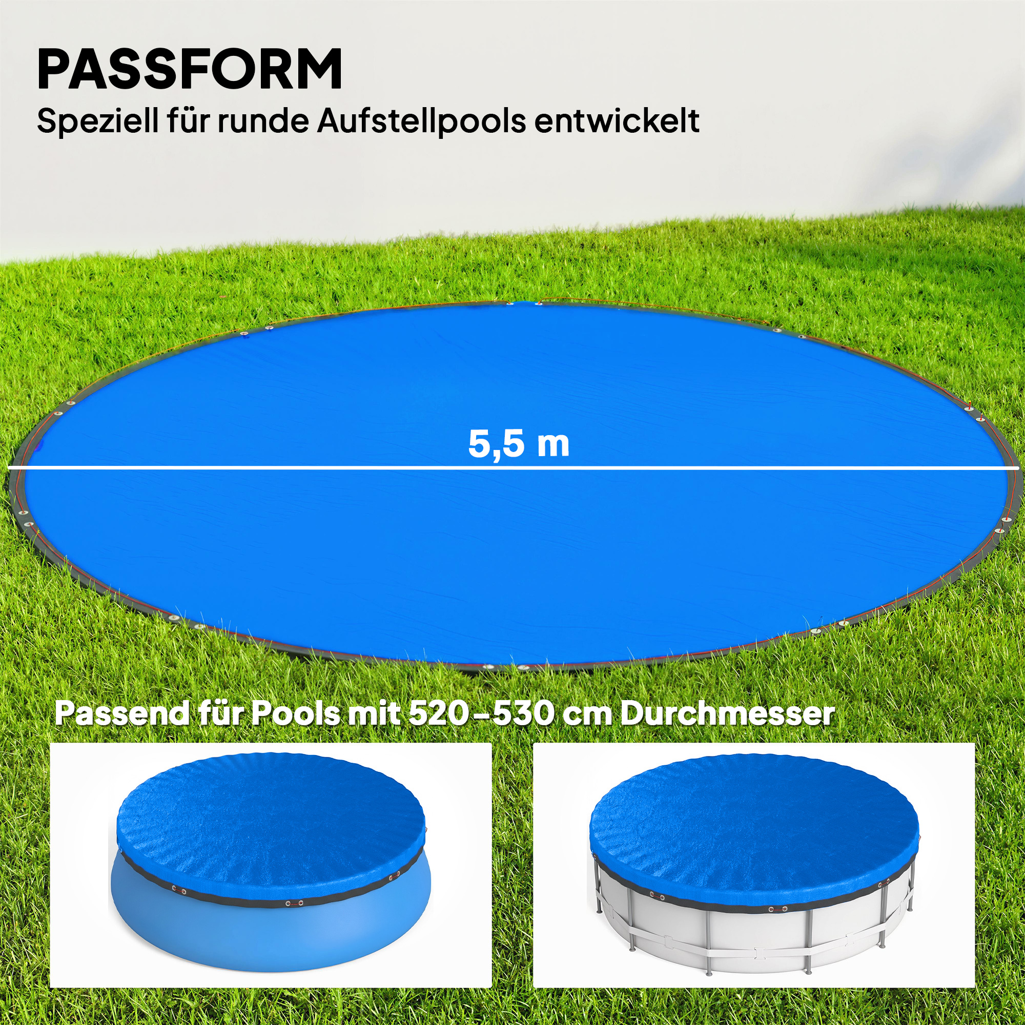 Poolabdeckung rund Ø 550 cm staub- und wasserdichte Abdeckplane mit Sicherungsseil Spanner für Sommer & Winter, Blau
