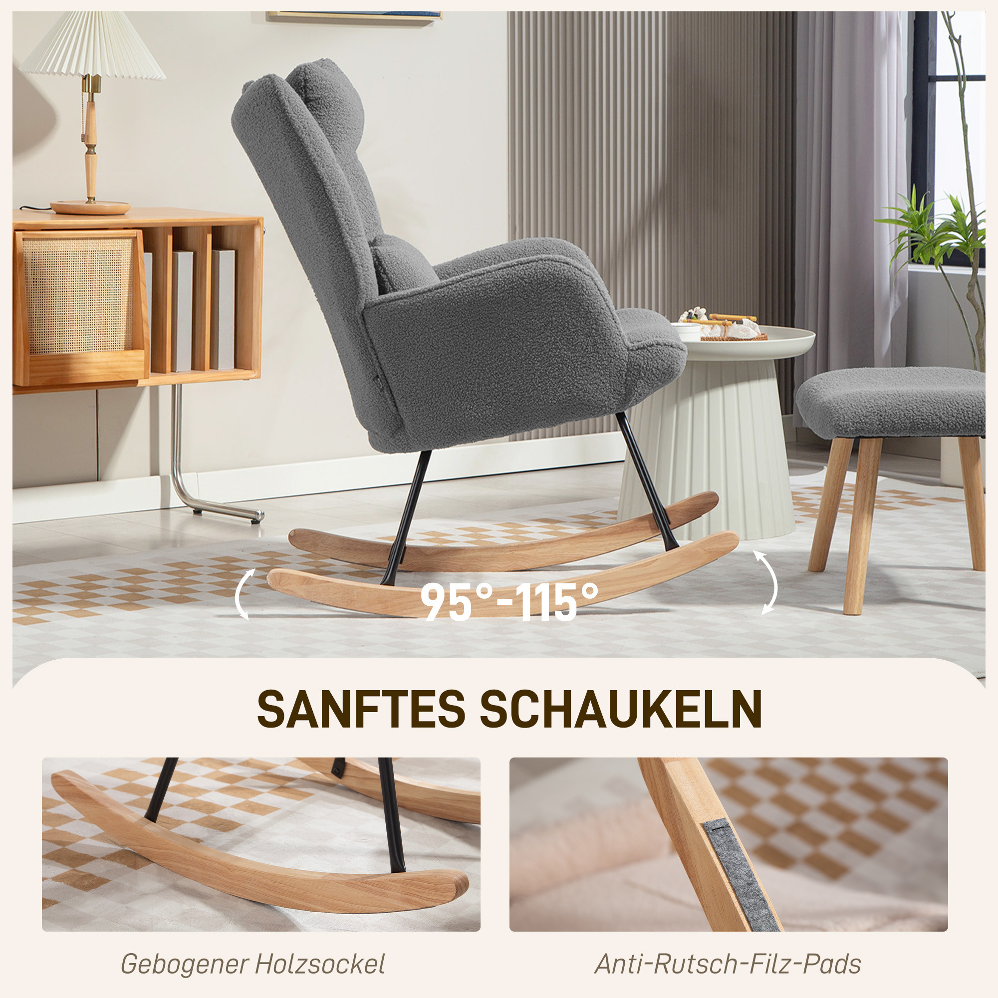 Schaukelstuhl mit Fußhocker, weicher Fleece-Bezug, Holzbeine, Kissen, hohe Rückenlehne, Schaukelsessel, Dunkelgrau