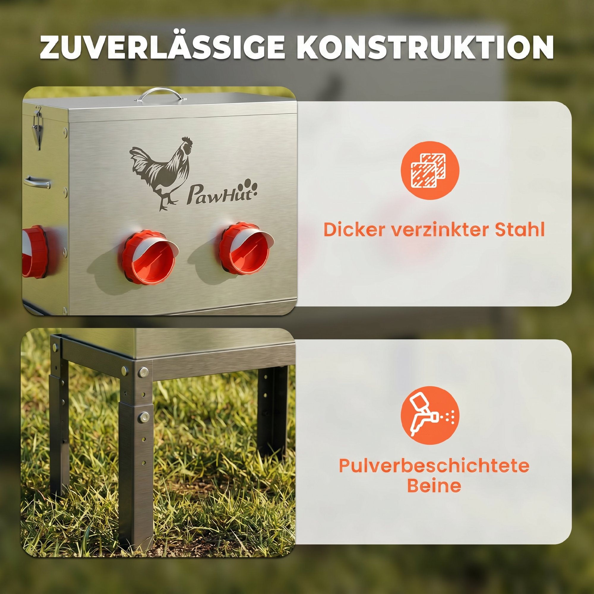 Futterautomat Hühner 18 kg Füllmenge mit abschließbarer Deckel verstellbarer Beine 6 Öffnungen 42x25x55,5 cm Silber