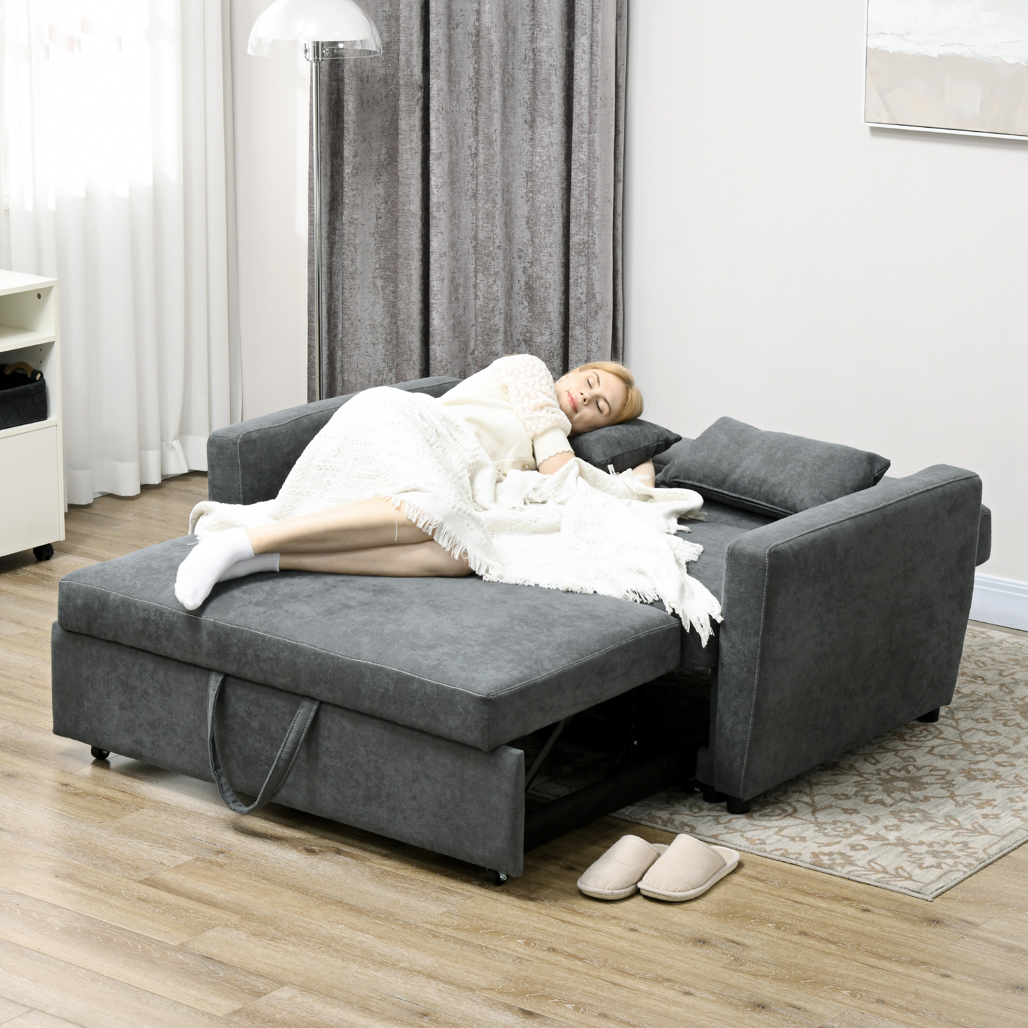 Schlafsofa, 2-Sitzer, ausklappbar, bis 200 kg, Holzrahmen, 155x90x88,5cm, Dunkelgrau