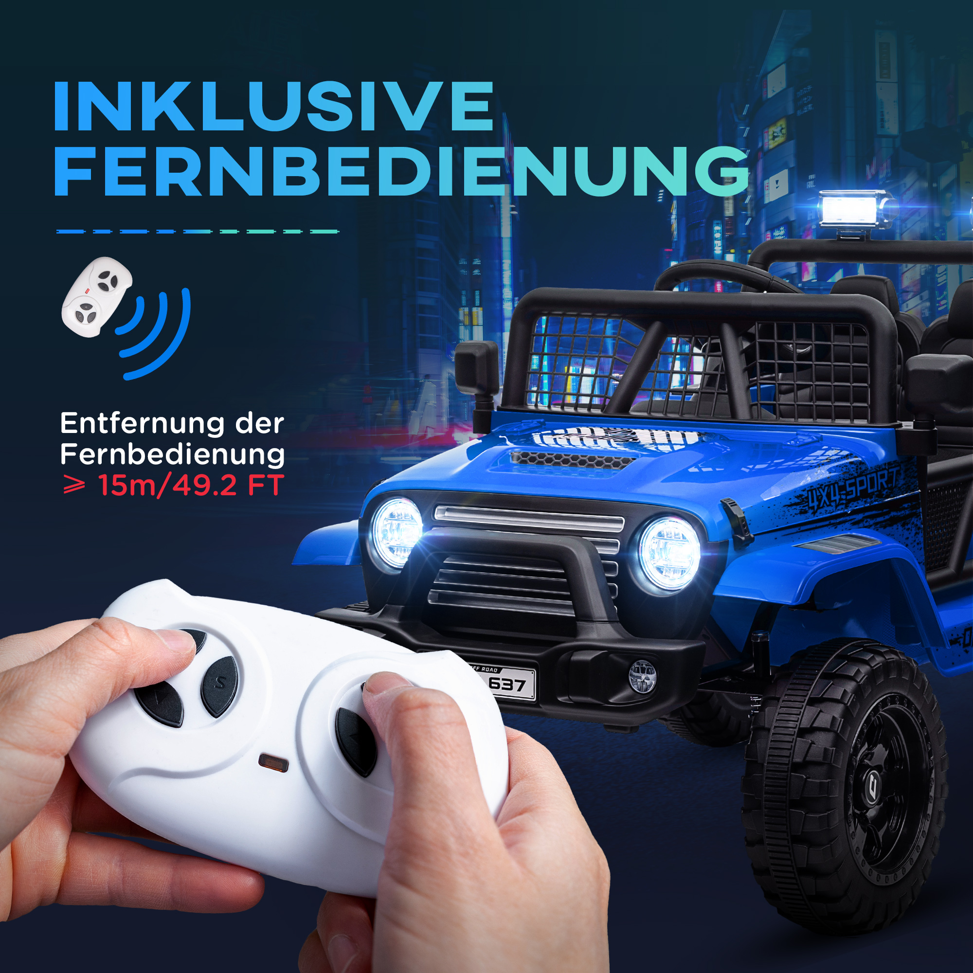 Kinder-Elektroauto mit sanfter Federung, fernsteuerbar, LED-Lichter, Hupe, 12V-Motoren, aus Kunststoff und Metall, Blau