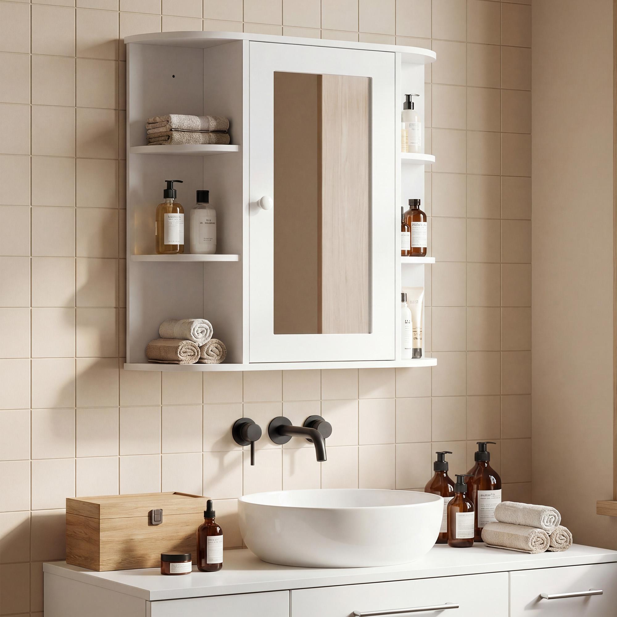 Spiegelschrank Badschrank Badezimmerschrank, 8 Fächer, Spiegeltüren, wasserbeständig, 66 cm x 17 cm x 63 cm, Weiß