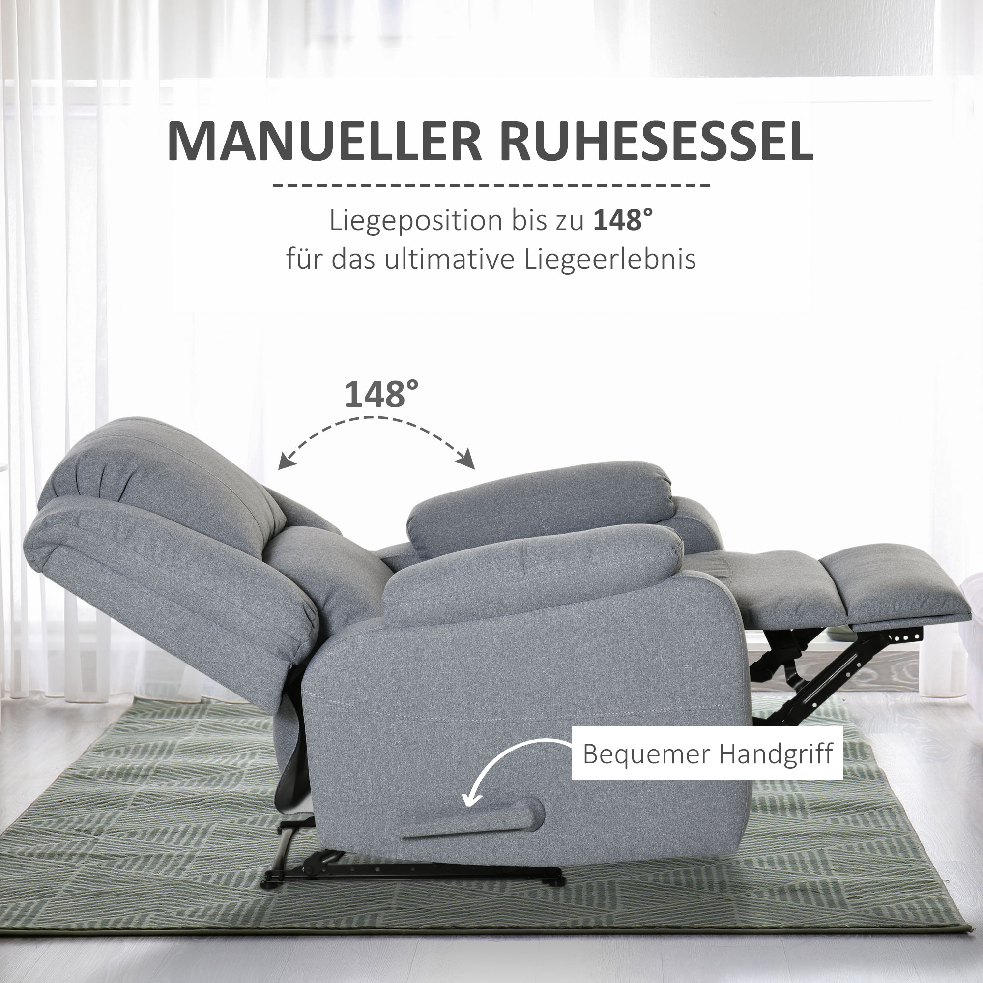 Relaxsessel Manuell Fernsehsessel mit Liegefunktion, Leinenoptik, TV-Sessel mit Seitengriff, Fußstütze, bis 150 kg Belastbar, für Wohnzimmer, Hellgrau