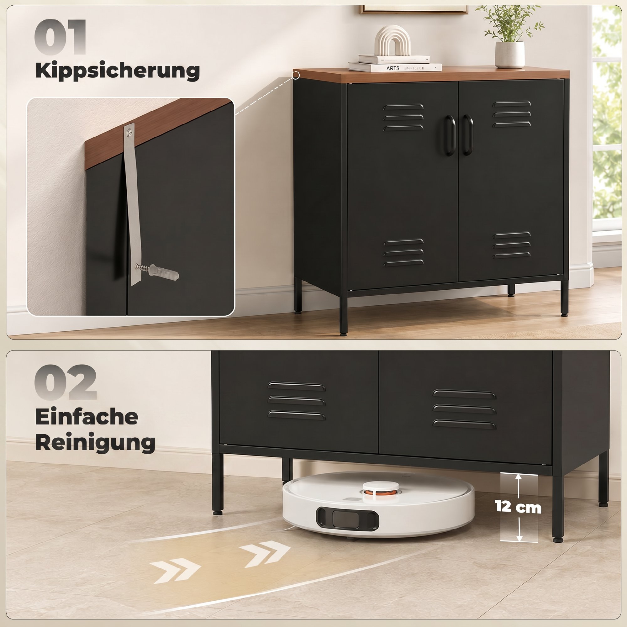 Stahl-Sideboard, 80x40x80 cm, Industrielles Aufbewahrungsschrank mit 2 Türen und verstellbarem Regal für Wohnzimmer, Büro, Schwarz
