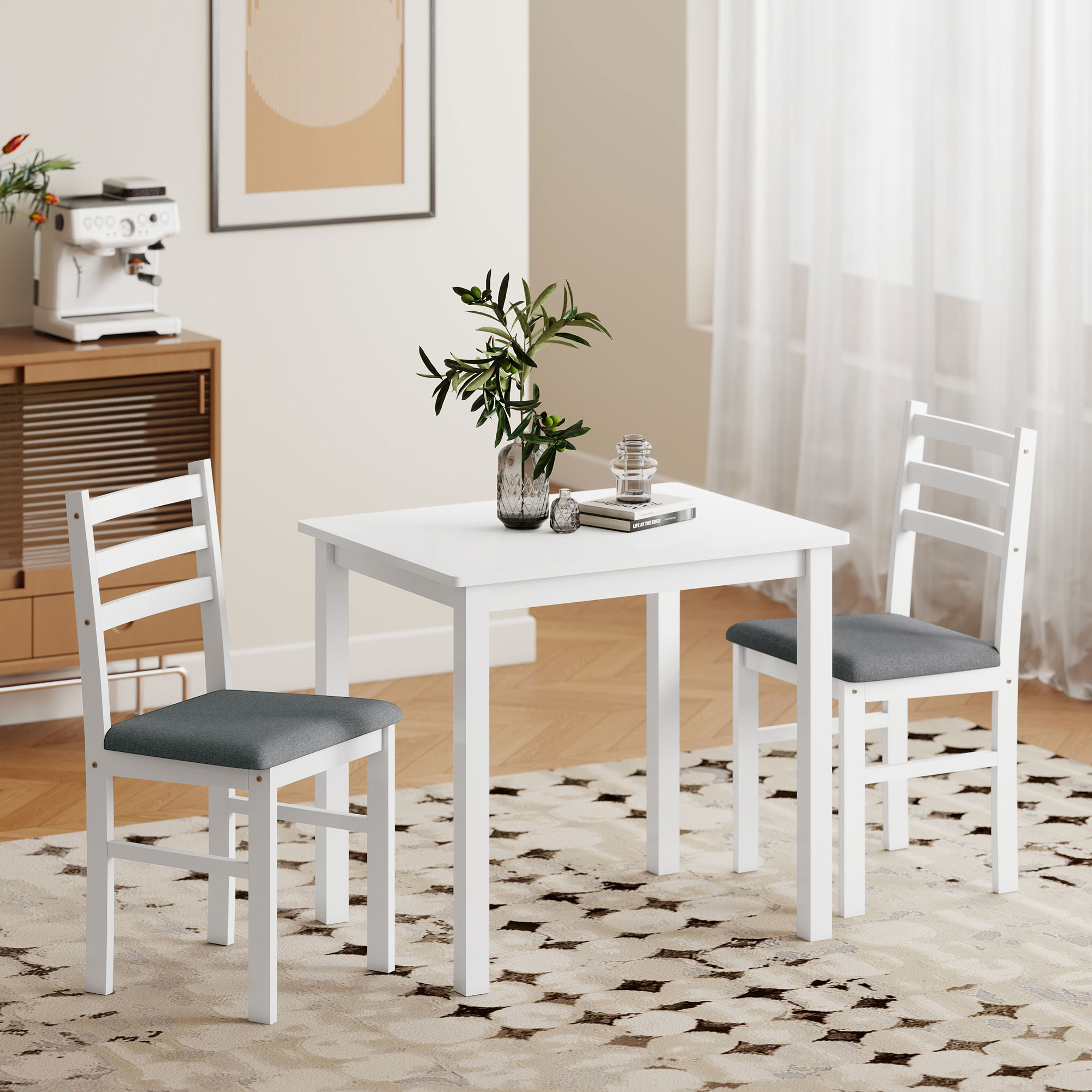 3-teiliges Esstisch-Set mit 2 Stühlen, Küchentisch für kompakte Räume, gepolsterte Stühle, platzsparend, MDF, Weiß