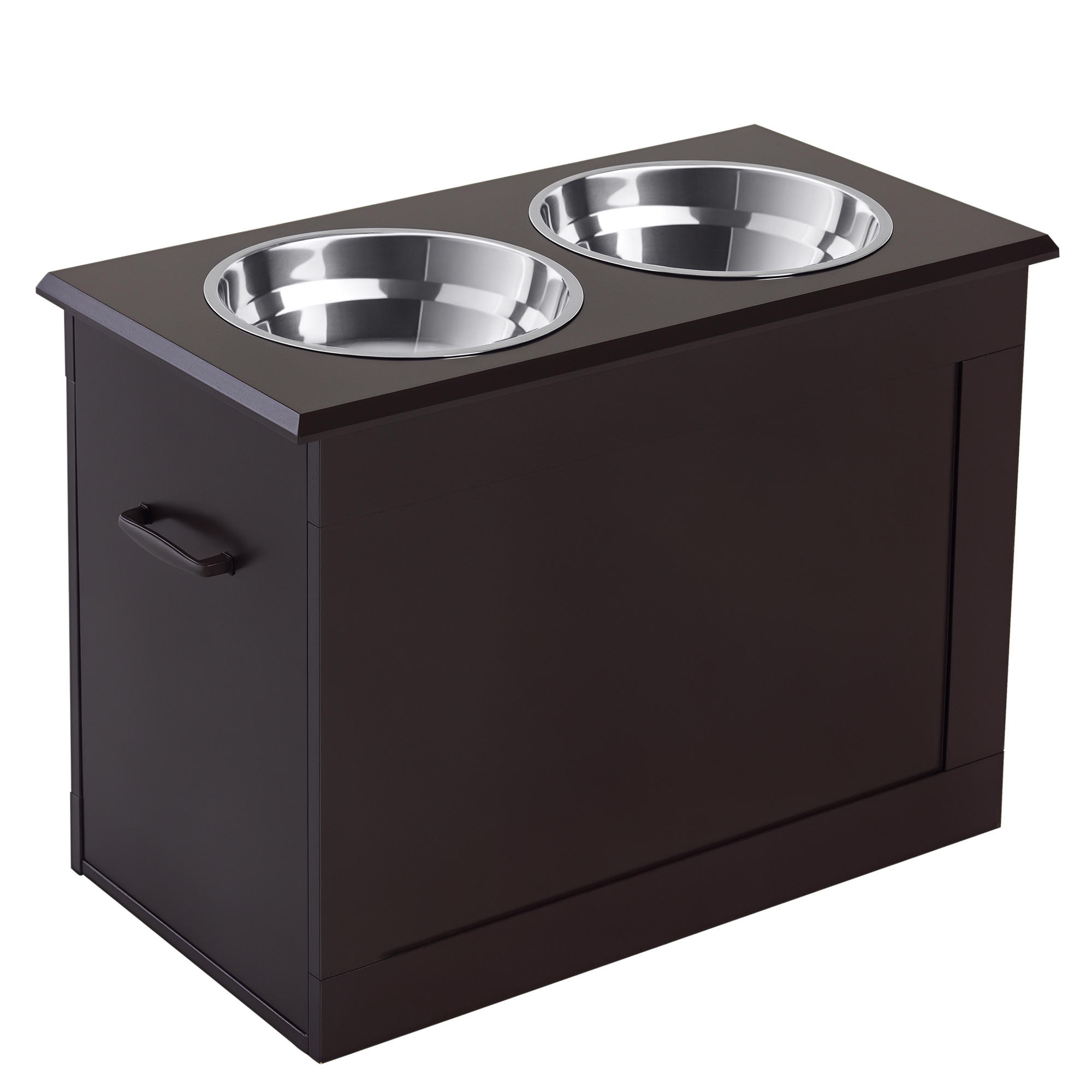 Futterstation, 2 Fressnäpfe aus Edelstahl, versteckter Stauraum, 60 cm x 30 cm x 41 cm, Schwarz + Silber