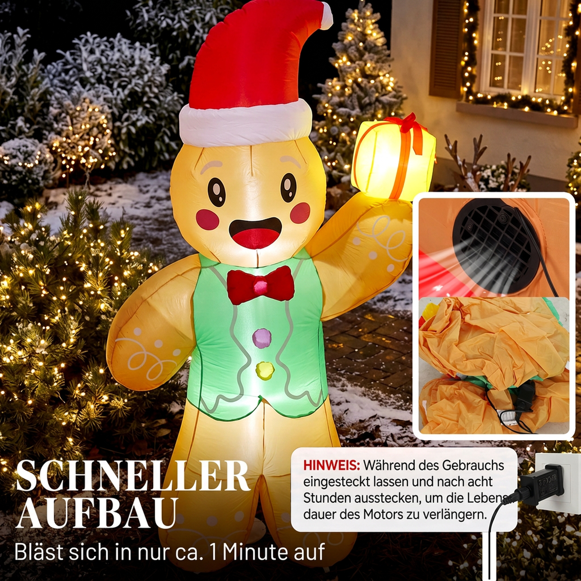 Aufblasbarer Weihnachts-Lebkuchenmann, 250 cm, mit Geschenkbox und LEDs, für außen
