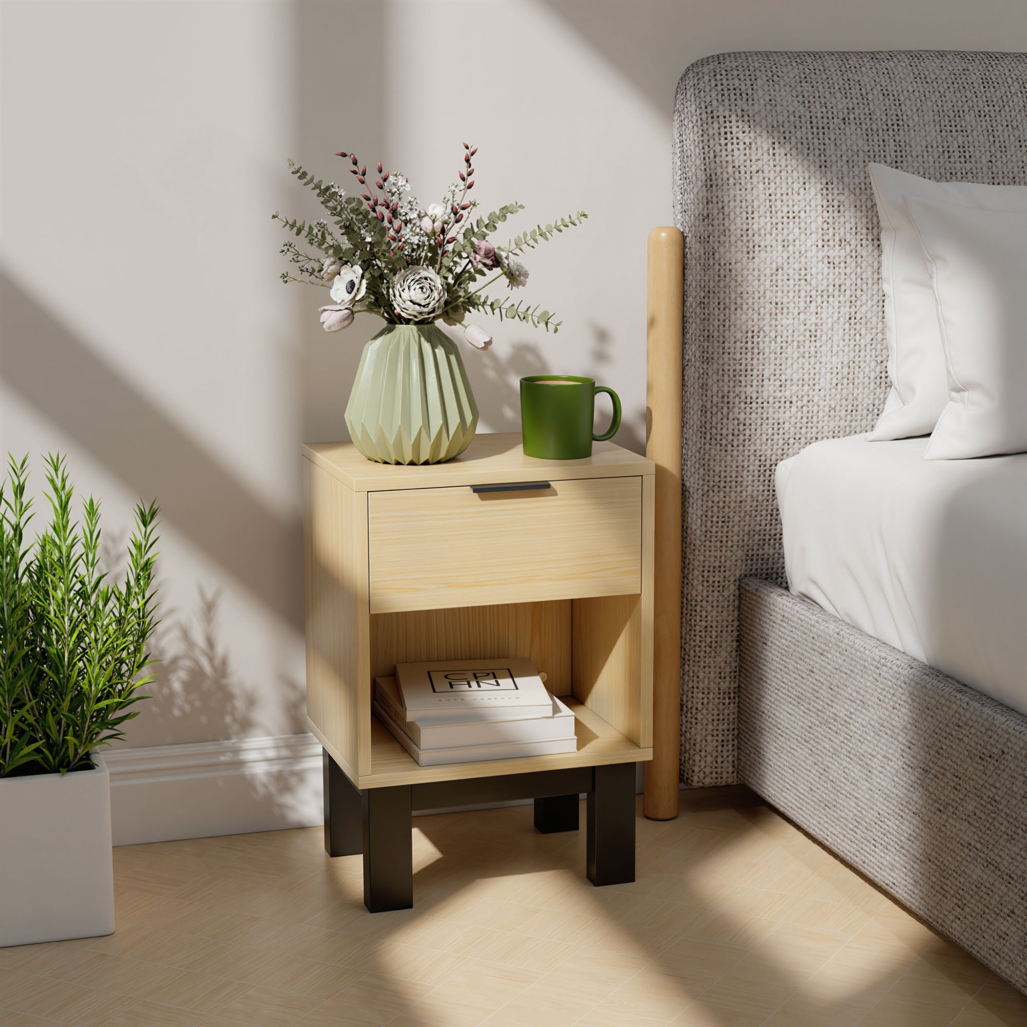 Nachttisch, Nachtschrank mit Schublade, offenes Fach, Nachtkommode für Schlafzimmer, Wohnzimmer, 35 x 26 x 50 cm, Eiche