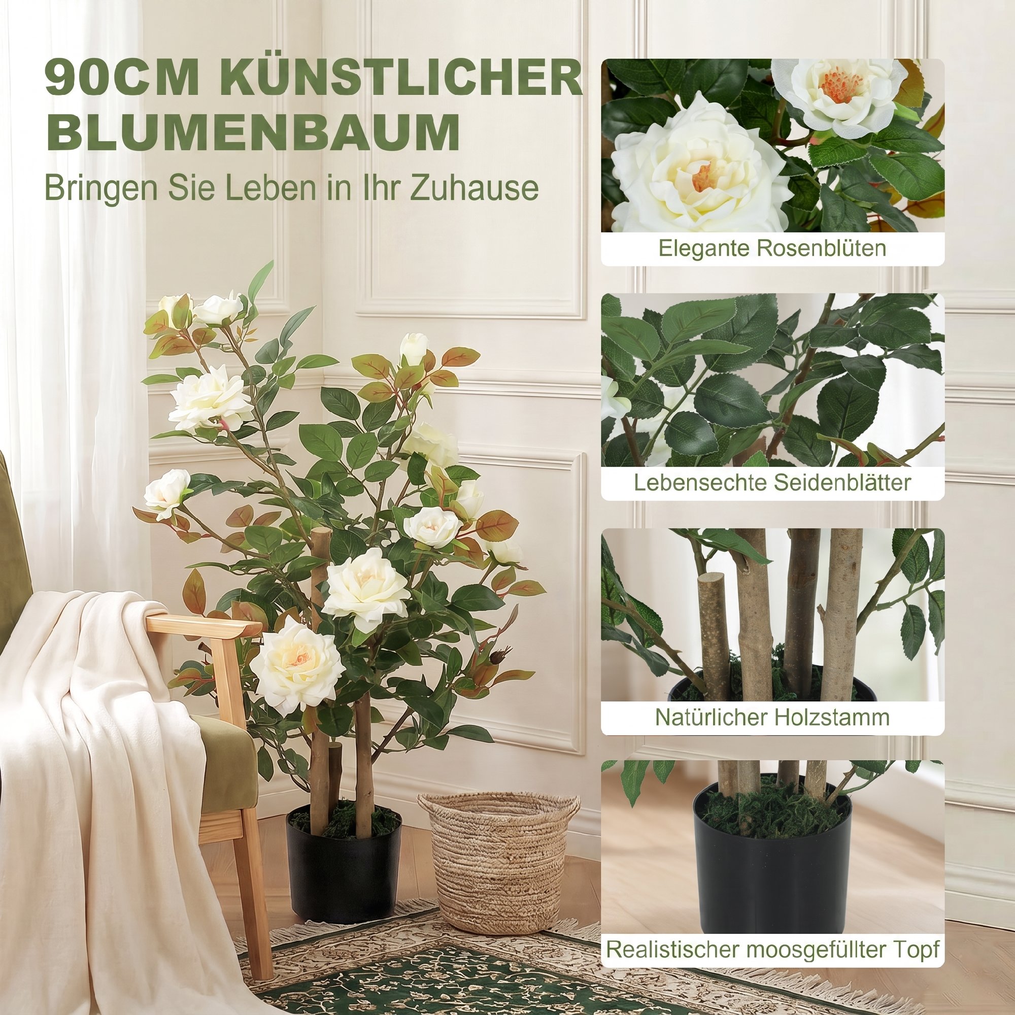 künstliche Rosenpflanzen groß 90 cm Künstliche Pflanze Kunstpflanze Rosenbaum mit UV-Schutz, Moos, im Topf, Kunstbaum wie echt für Innen- und Außen