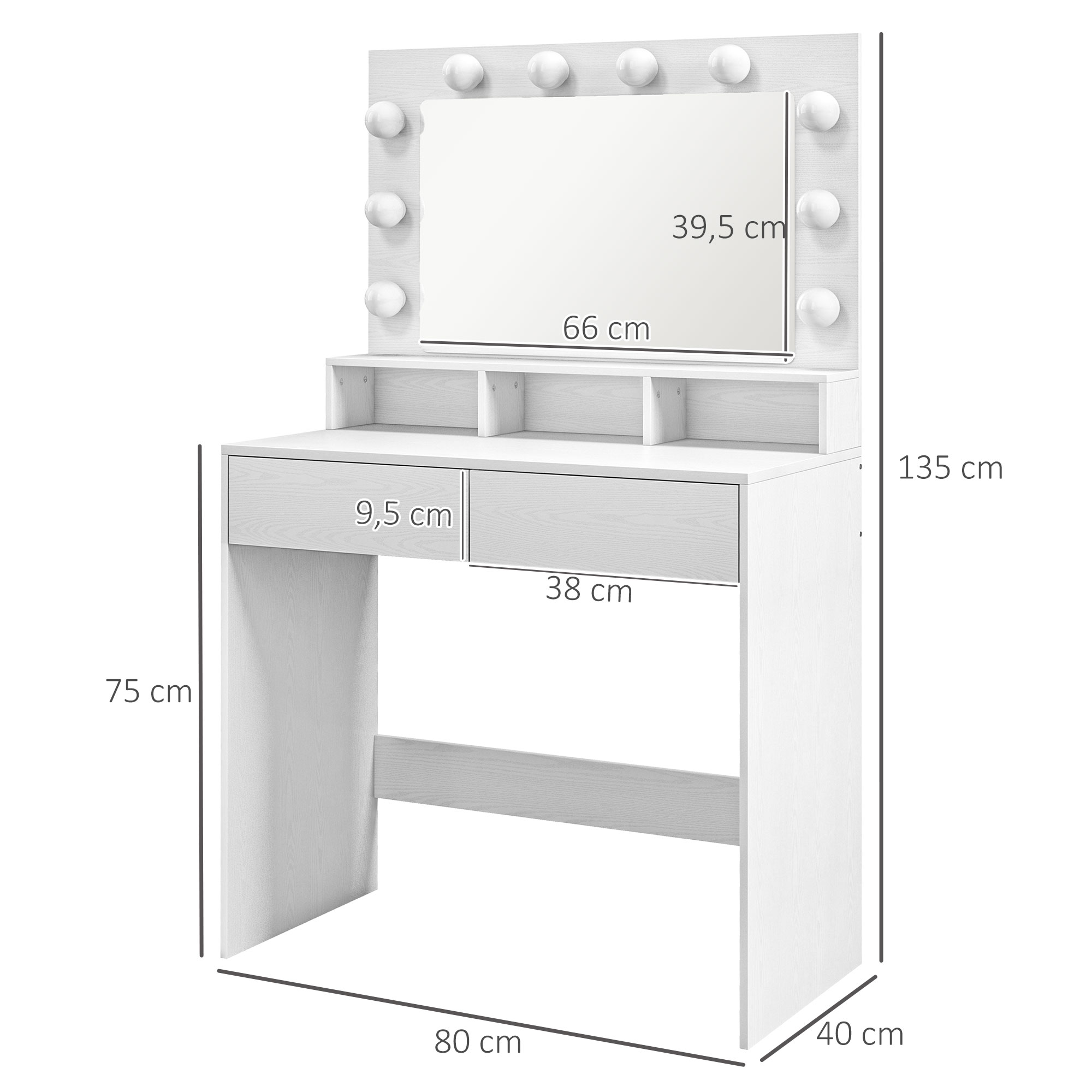 Frisiertisch mit beleuchtetem Spiegel, Schubladen, 3 Lichtoptionen, 10 Glühbirnen, moderner Schminktisch in Weiß