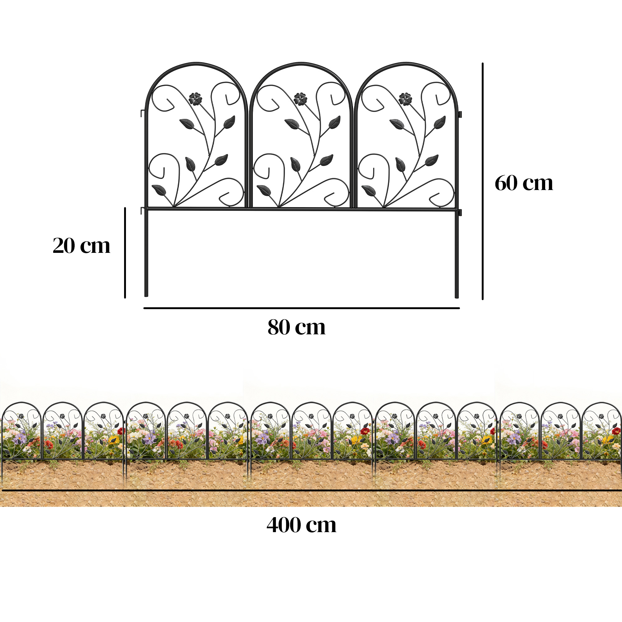 Gartenzaun Zaun aus Metall 80 x 60 cm Dekorativer Gitterzaun Set mit Fuß für Garten Blumenbeete Tierbarriere Schwarz