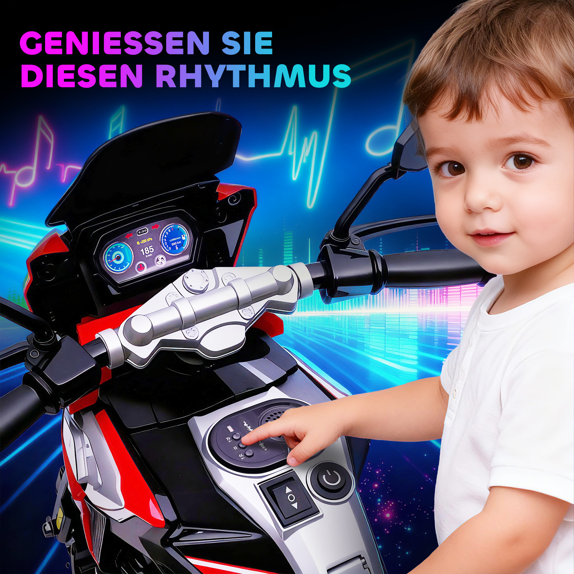 Elektro-Motorrad für Kinder von 18-36 Monaten, Aufsitz-Fahrzeug, Hilfsräder, Lichter, Musik, Kunststoff, Stahl, Rot