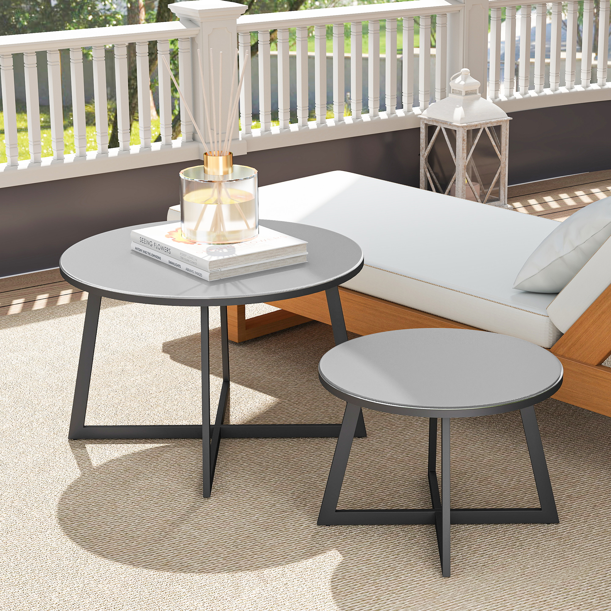 2er Set Beistelltisch Stapelbar Gartentisch Rund wetterfest Balkontisch mit X-Beine Glasplatte Stahl Schwarz+Grau