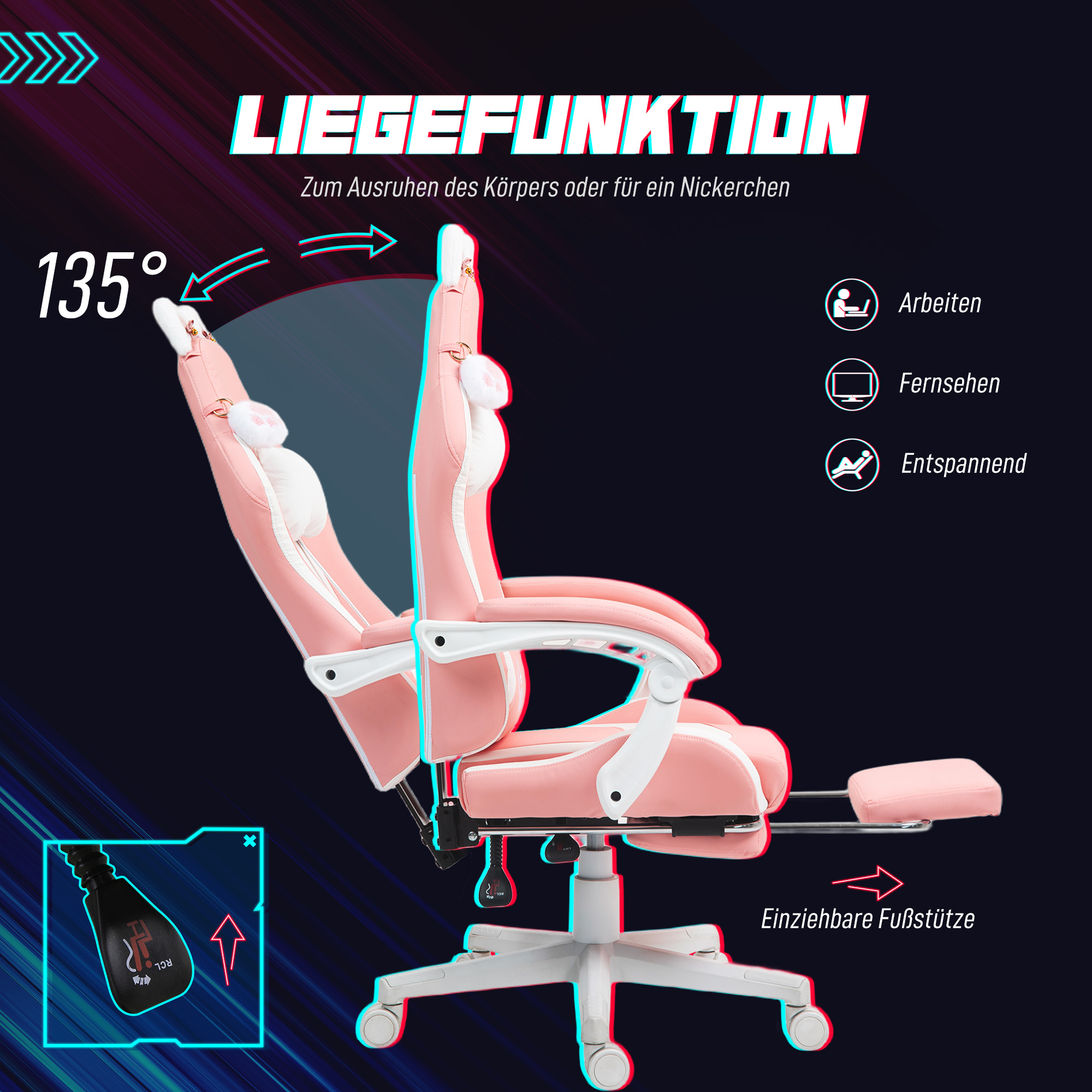 Gaming-Sessel mit Katzenohren, neigbare Lehne, ausziehbare Fußstütze, bis 120 kg, Rosa/Weiß