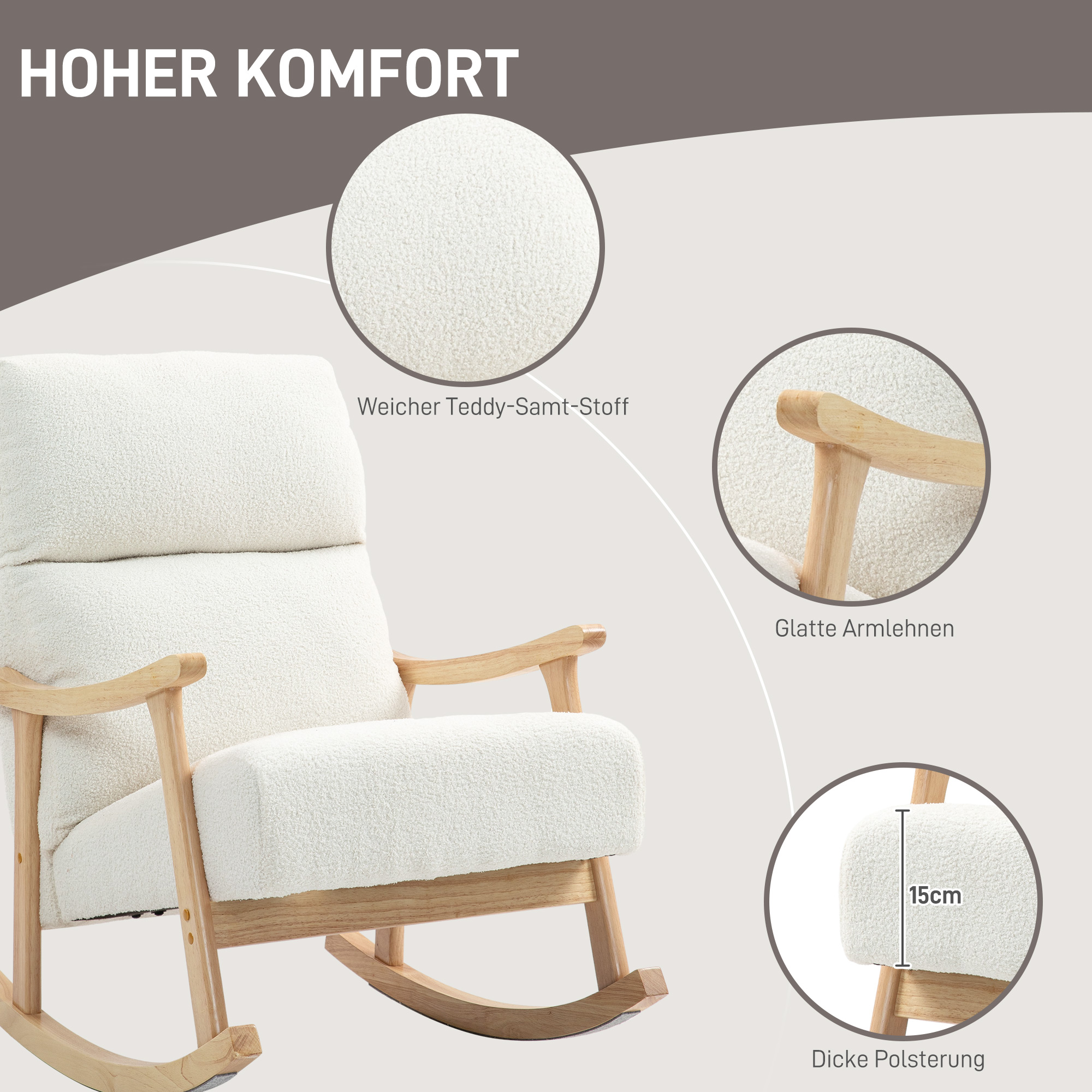 Schaukelstuhl, Stoffbezug in Samtoptik, Ergonomische Rückenlehne, 120 kg Belastbarkeit, 65B x 90T x 98H cm, Cremeweiß