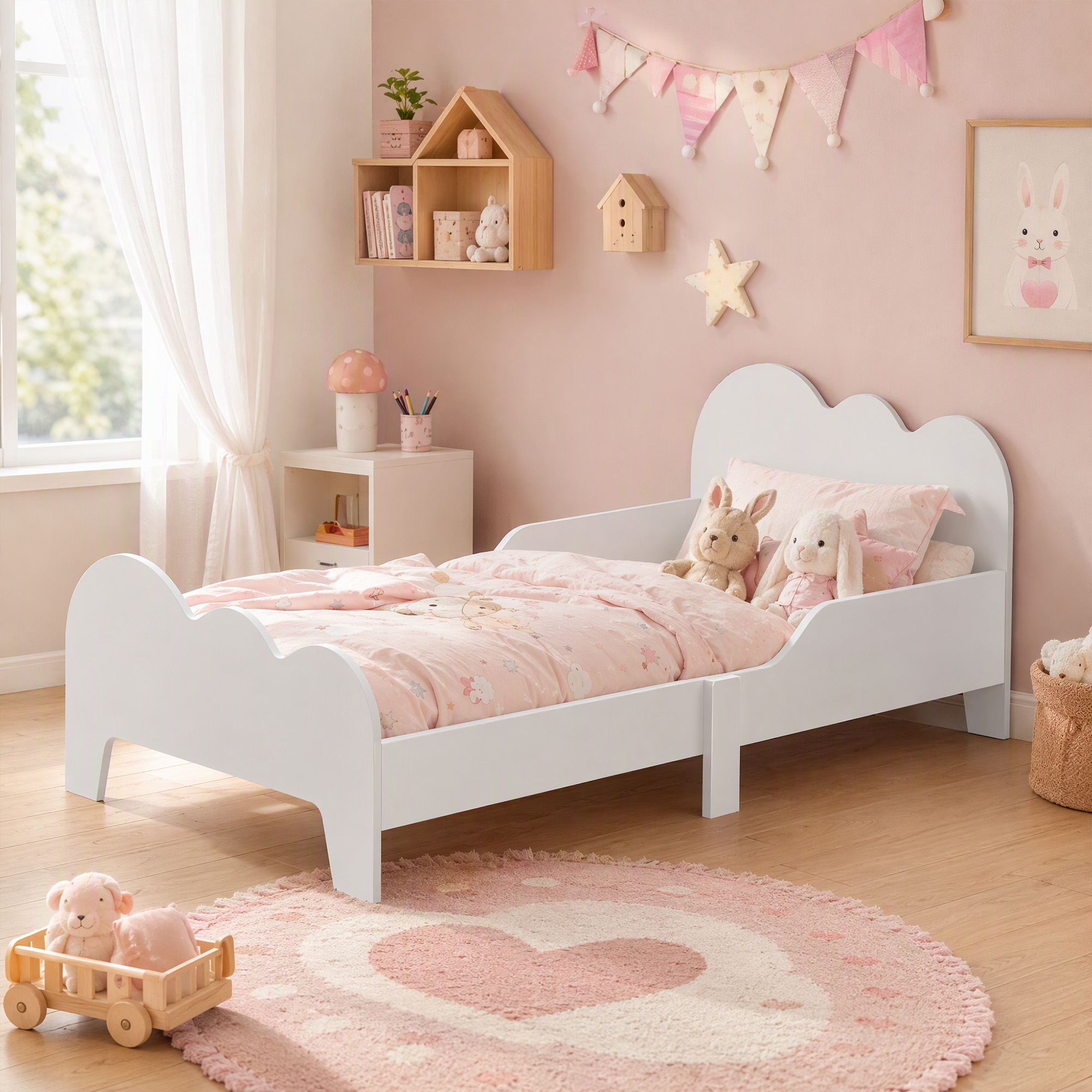 Kinderbett 140 x 70 cm Kleinkindbett mit Rausfallschutz, Lattenrost, Wolken-Design 3-8 Jahre, ohne Matratze, Weiß