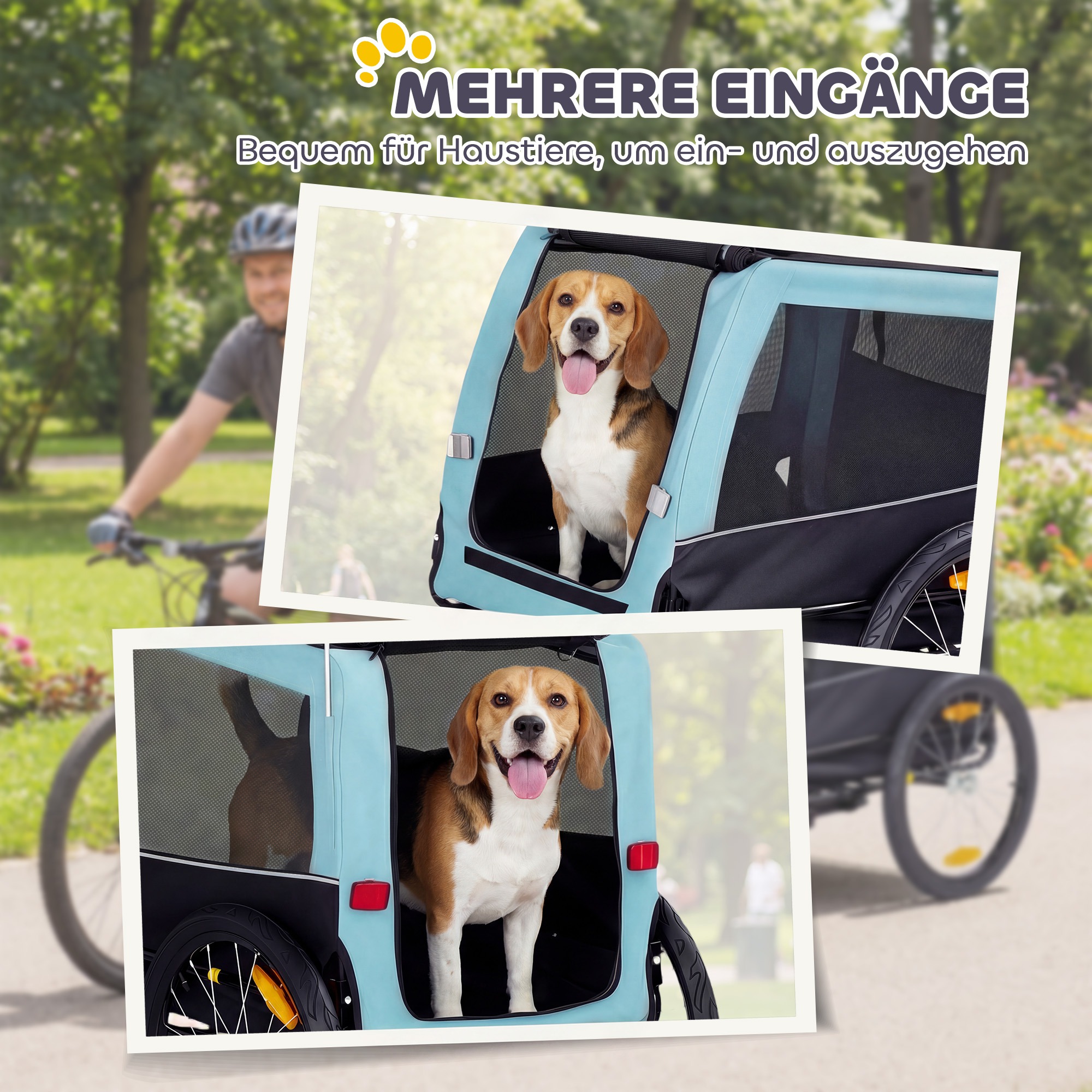 faltbarer Fahrradanhänger mit Sicherheitsreflektoren, Leine, für Mittelgroße Hunde bis 20 kg 143 x 70 x 90 cm Hellblau