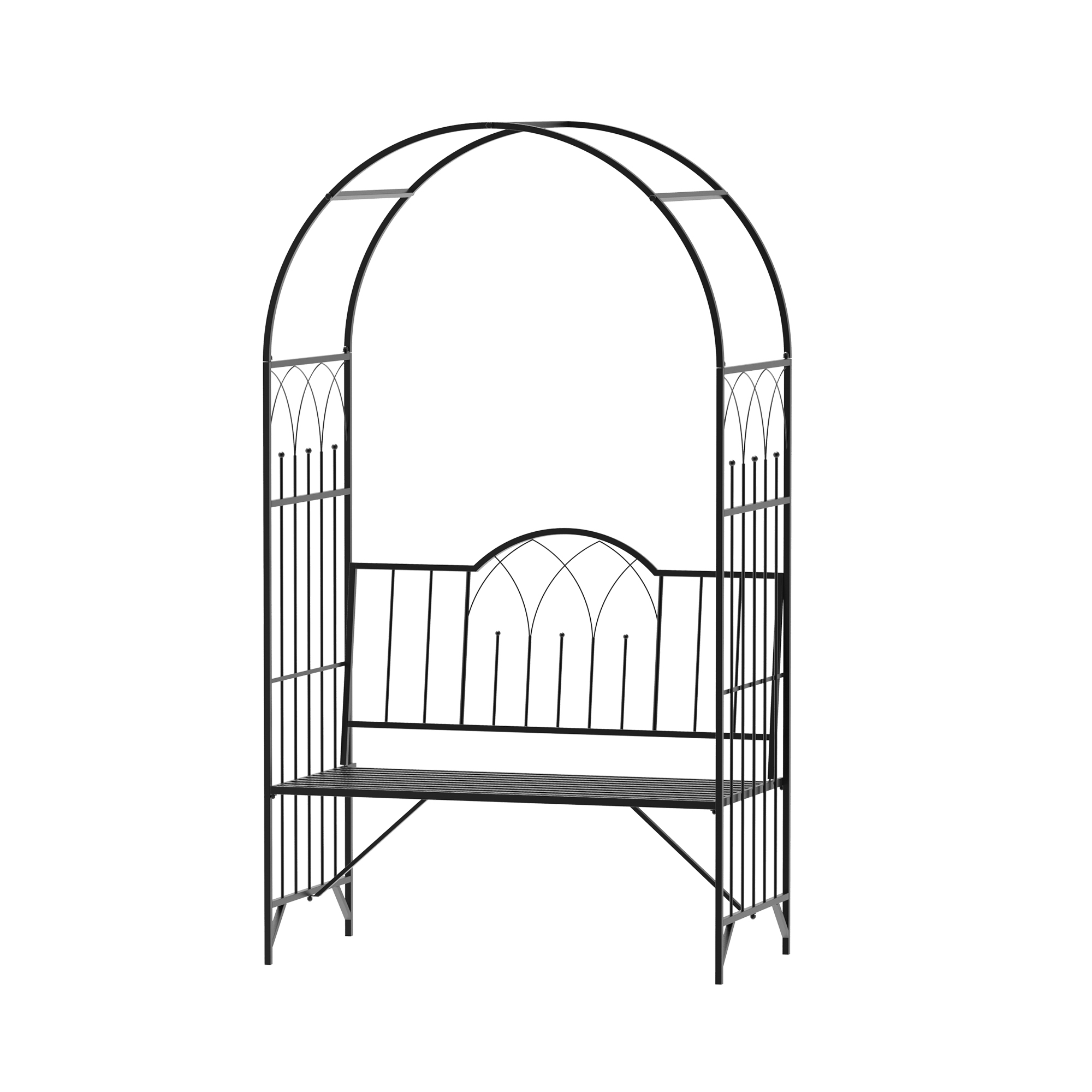 Rosenbogen mit Bank Rosenbank Laubenbank Philosophenbank Rankgitter Rankhilfe Gartenbank Metall Schwarz 115 x 59 x 203 cm