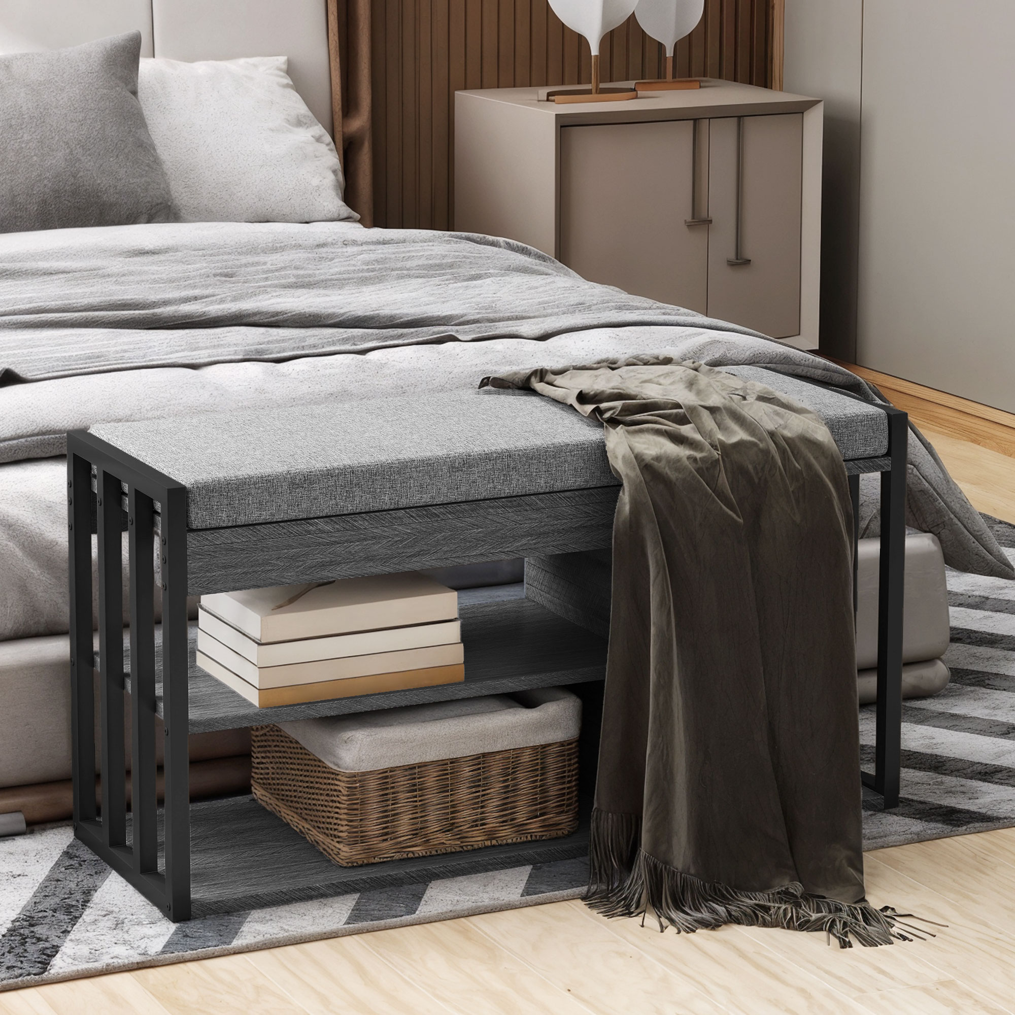 Schuhregal mit Sitzbank, Flurregal für Schuhe, Schuhschrank mit 3-stufigem Design, für Flur, Eingangsbereich, Wohnzimmer, Schlafzimmer, Grau