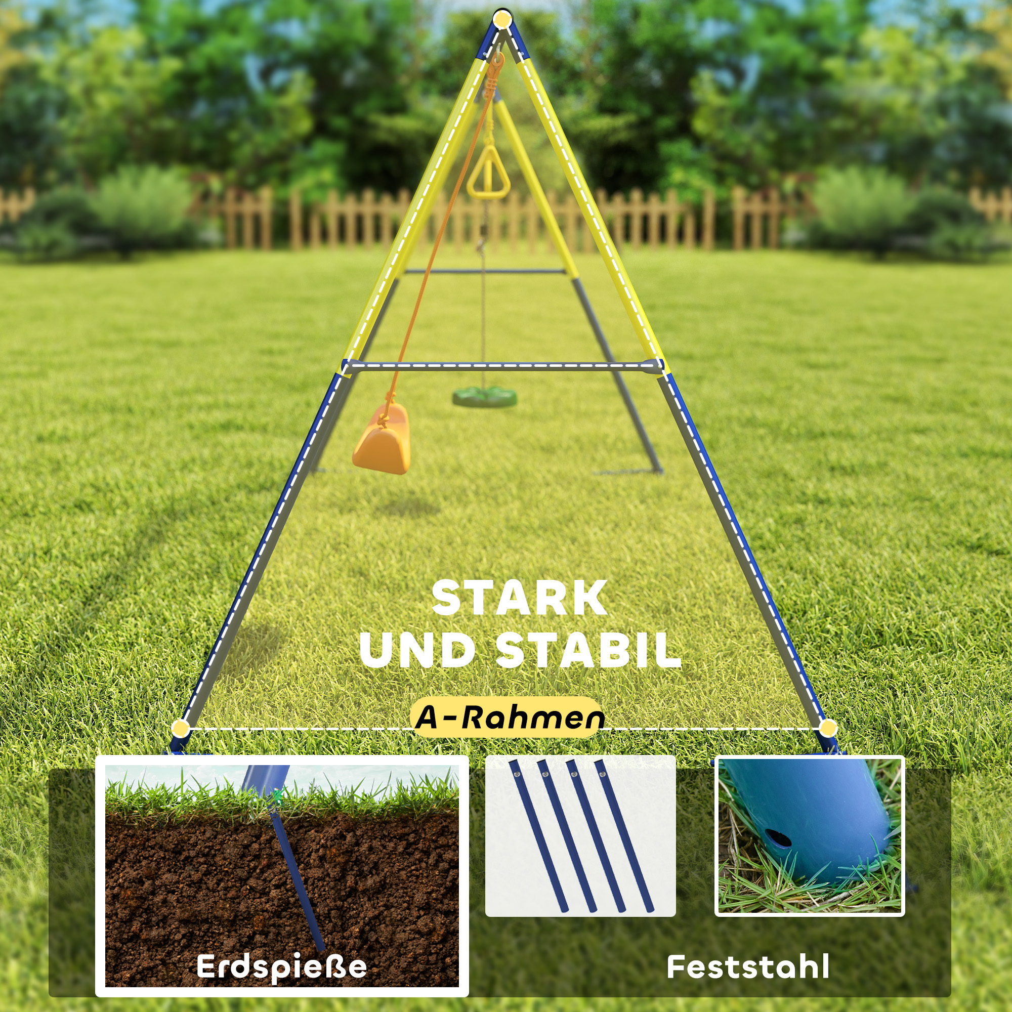 Schaukelgestell bis 150 kg 3-in-1 Kinderschaukel mit klassischer Schaukel, Turnringe, Stehschaukel, 285x160x181 cm